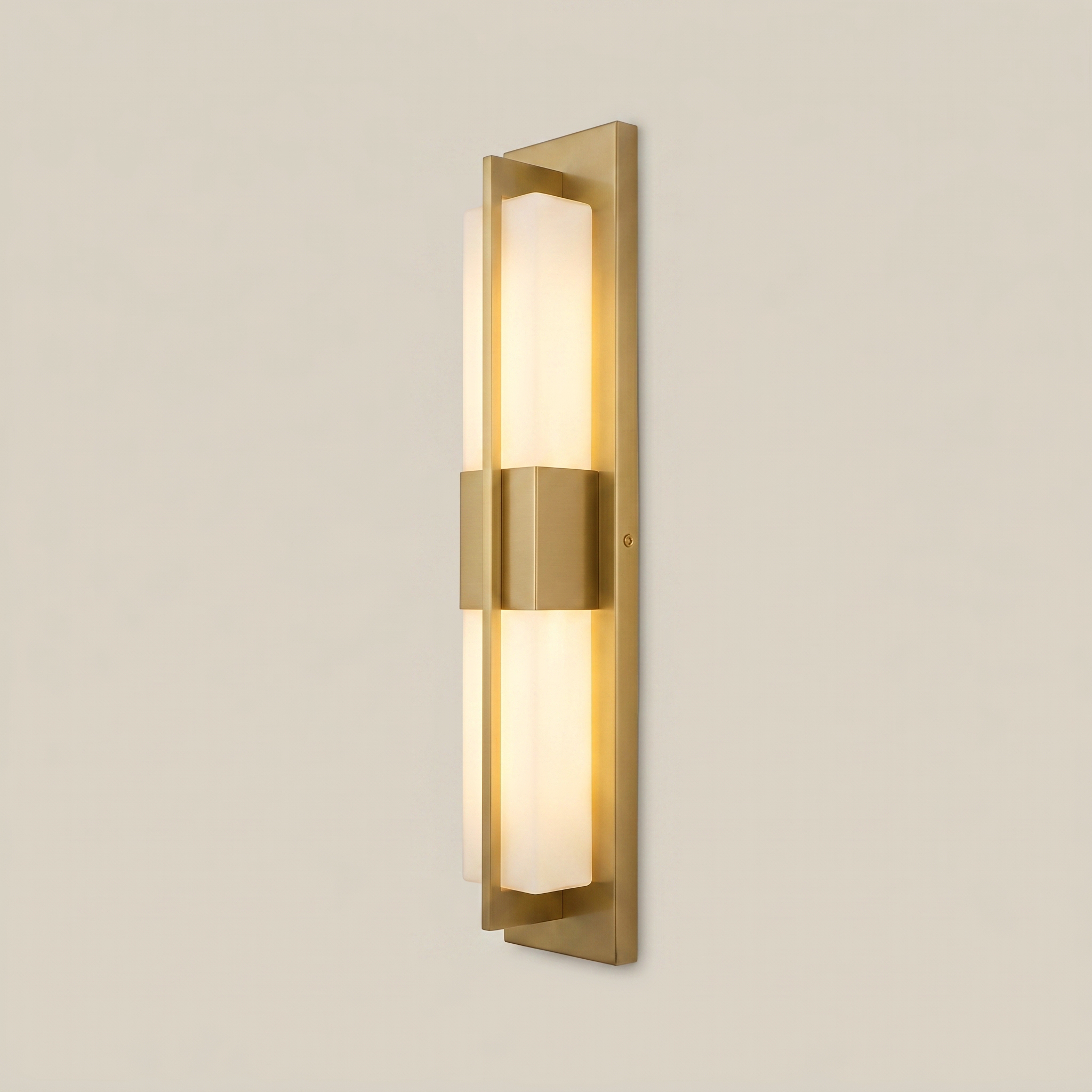 Close-up of elongated black outdoor water-resistant wall sconce Luming 4.7 inch by 23.5 inch lit showing sleek black finish