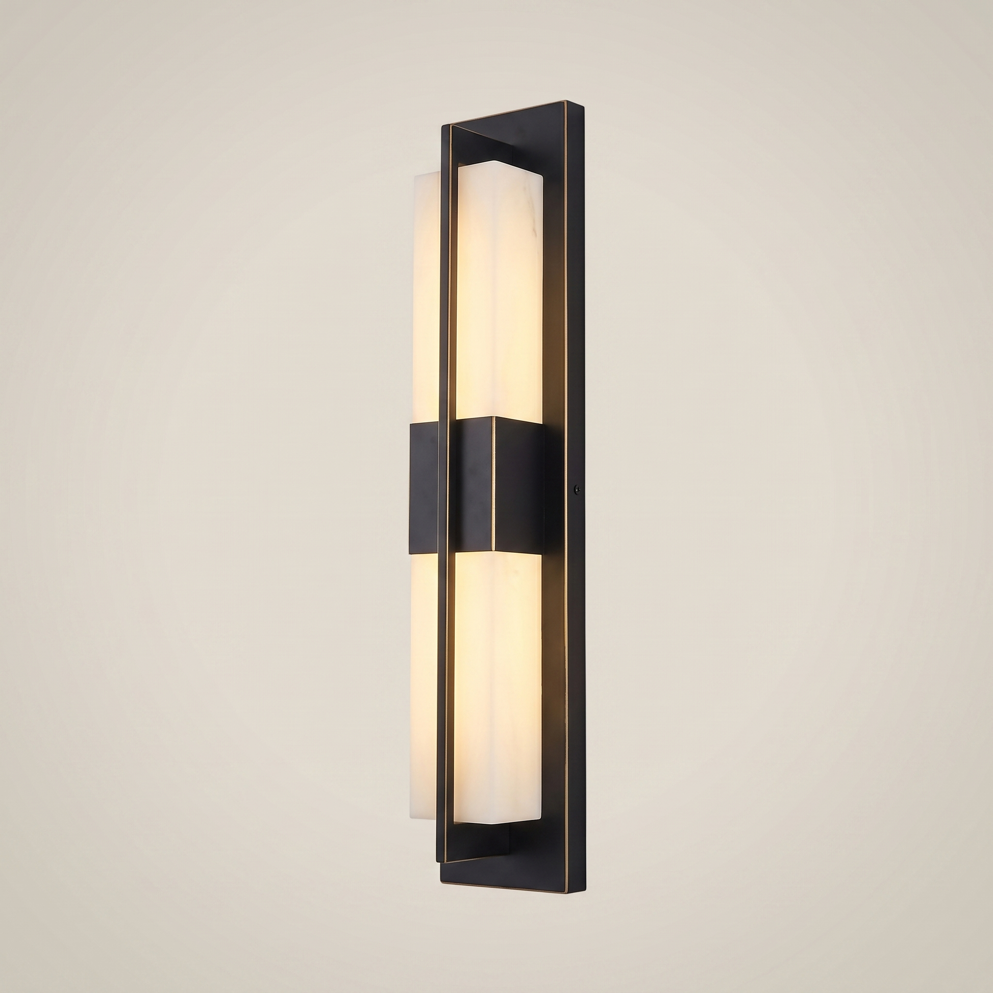 Side profile of elongated black outdoor water-resistant wall sconce Luming 4.7 inch by 23.5 inch lit with warm white LED