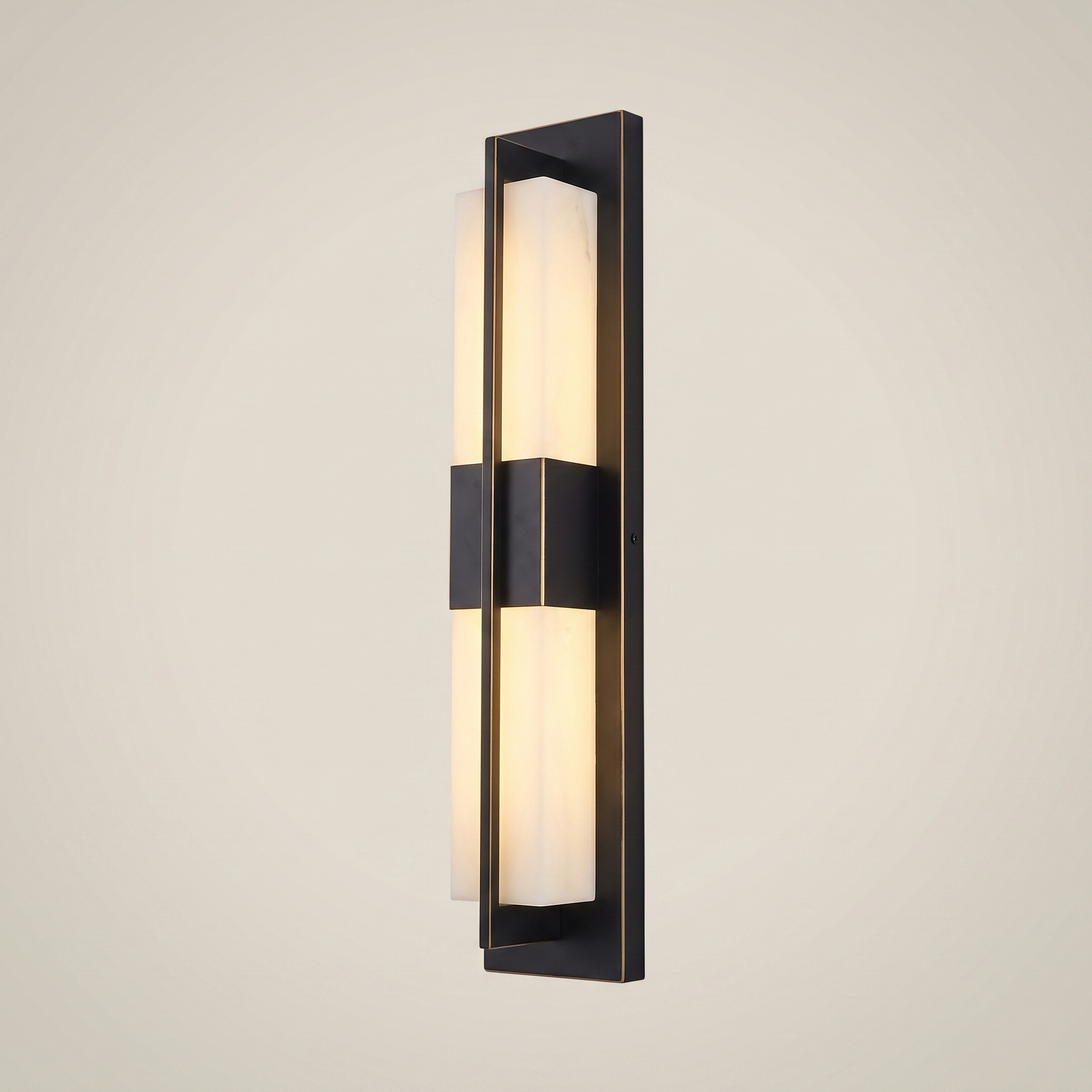Side profile of elongated black outdoor water-resistant wall sconce Luming 4.7 inch by 23.5 inch lit with warm white LED