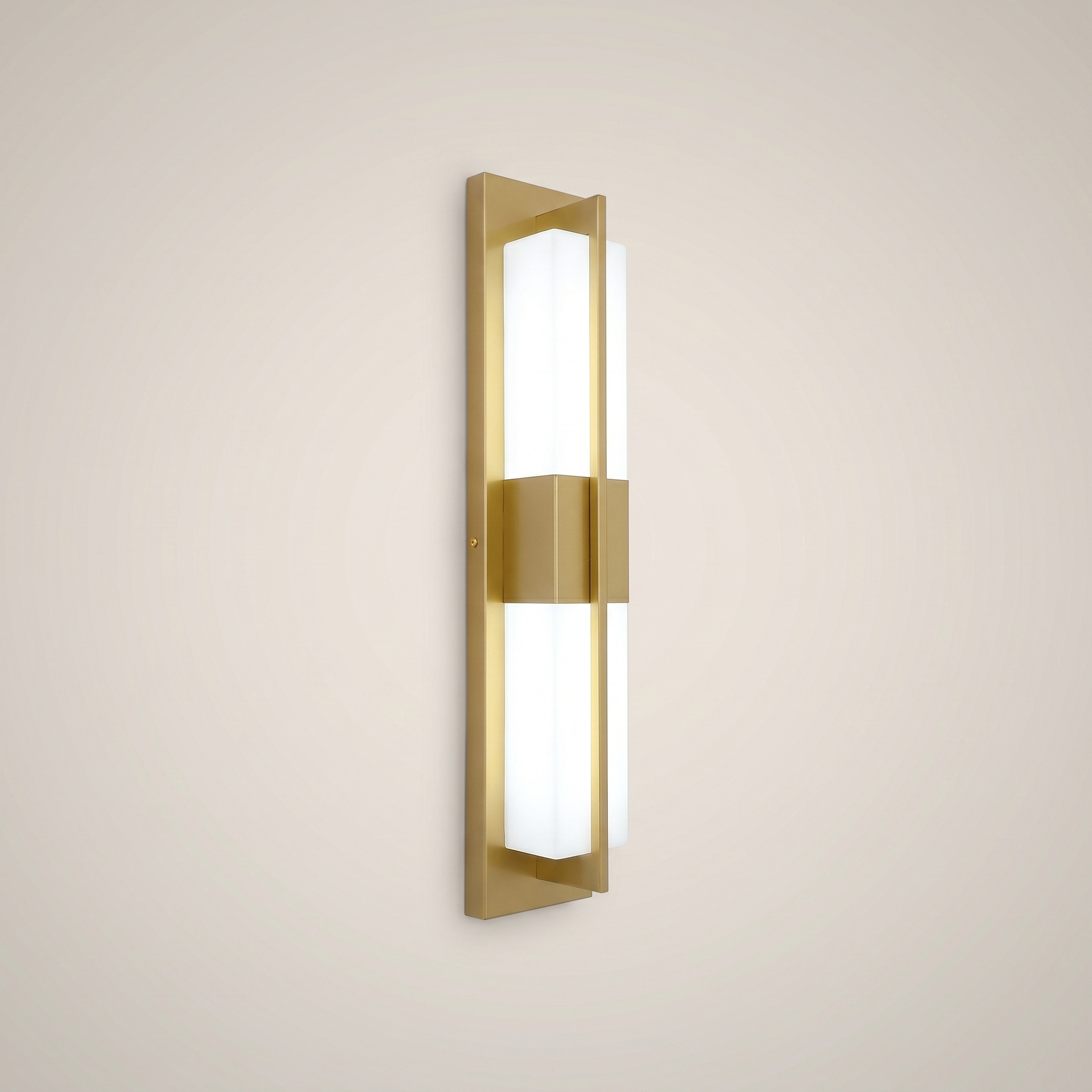 Front view of elongated black outdoor water-resistant wall sconce Luming 4.7 inch wide by 31.5 inch tall lit warmly