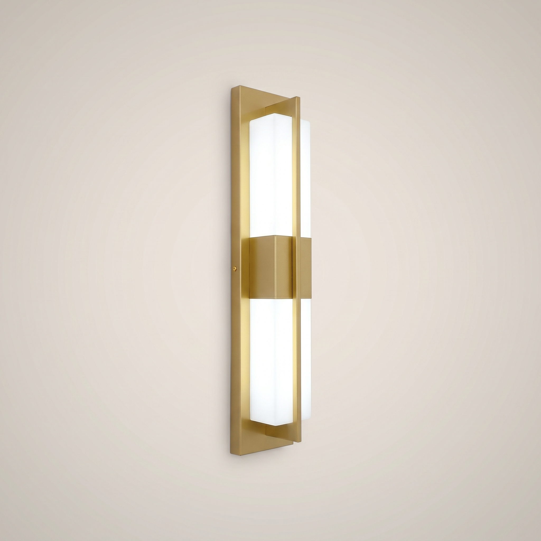 Front view of elongated black outdoor water-resistant wall sconce Luming 4.7 inch wide by 31.5 inch tall lit warmly