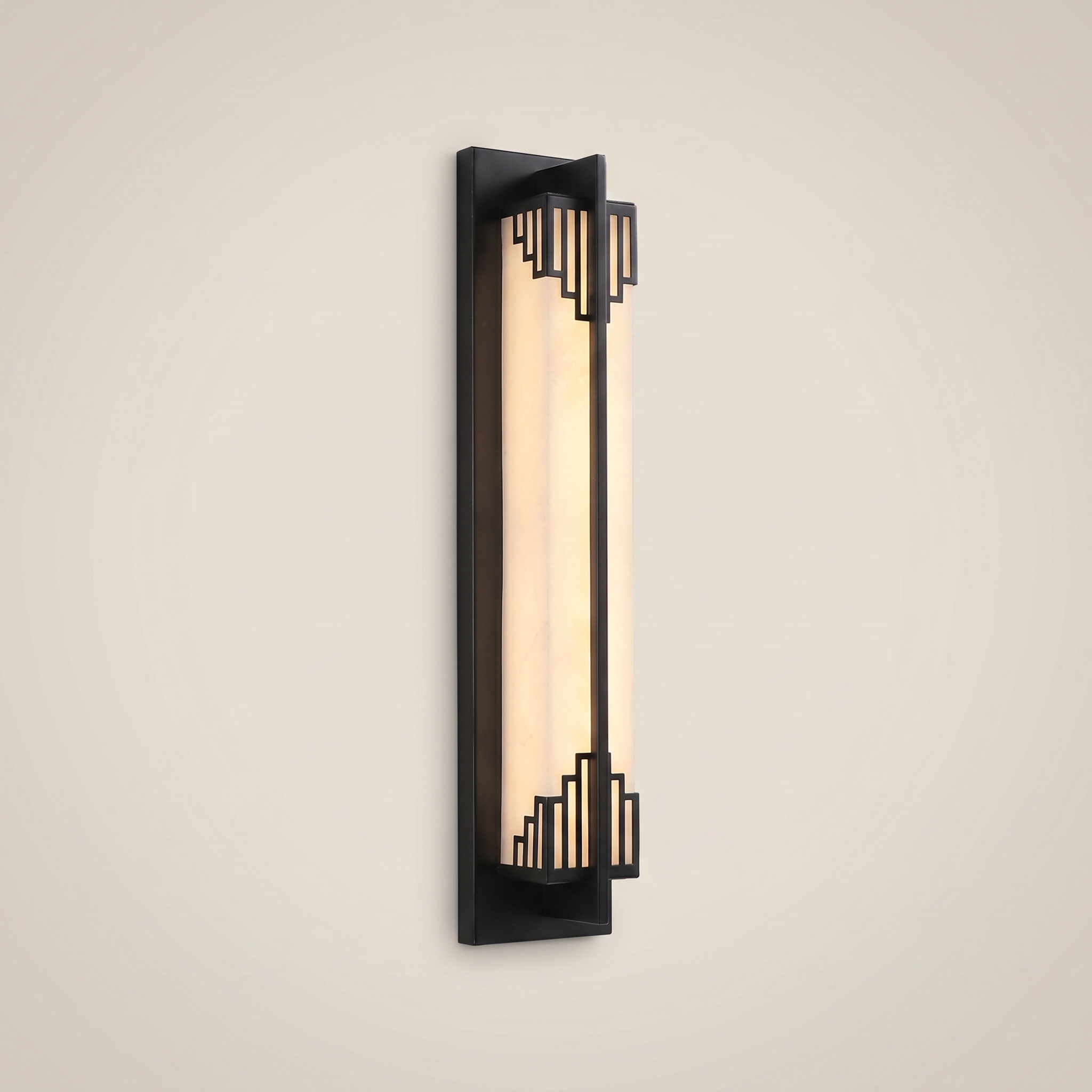 Side profile of elongated black outdoor water-resistant wall sconce Luming 4.7 inch wide by 31.5 inch tall lit warmly