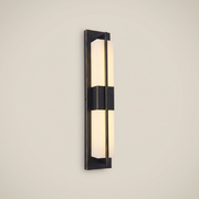 Elongated black outdoor water-resistant wall sconce Minglan model 4.7 inch wide by 17.5 inch tall shown front view lit with warm white LED