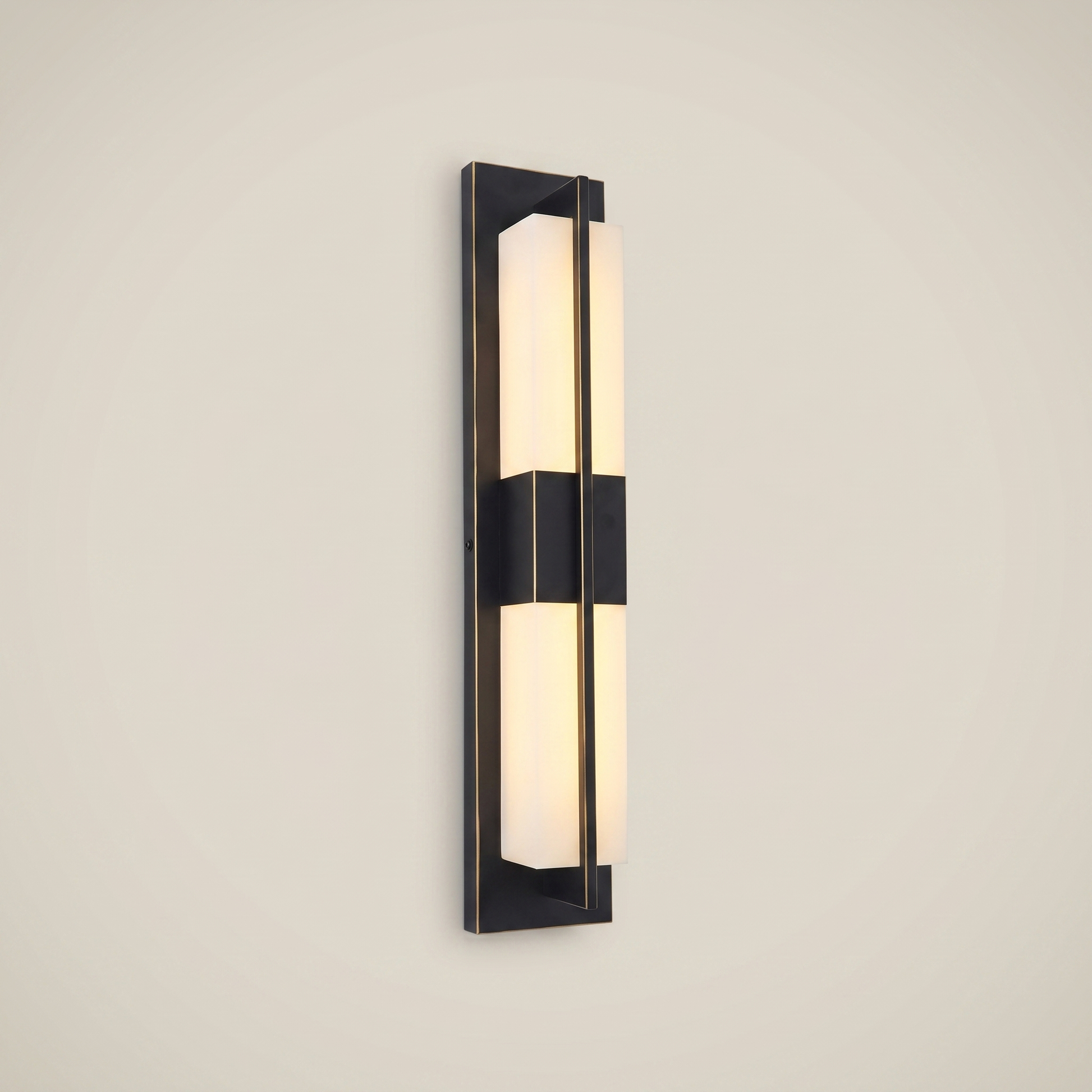 Elongated black outdoor water-resistant wall sconce Minglan model 4.7 inch wide by 17.5 inch tall shown front view lit with warm white LED