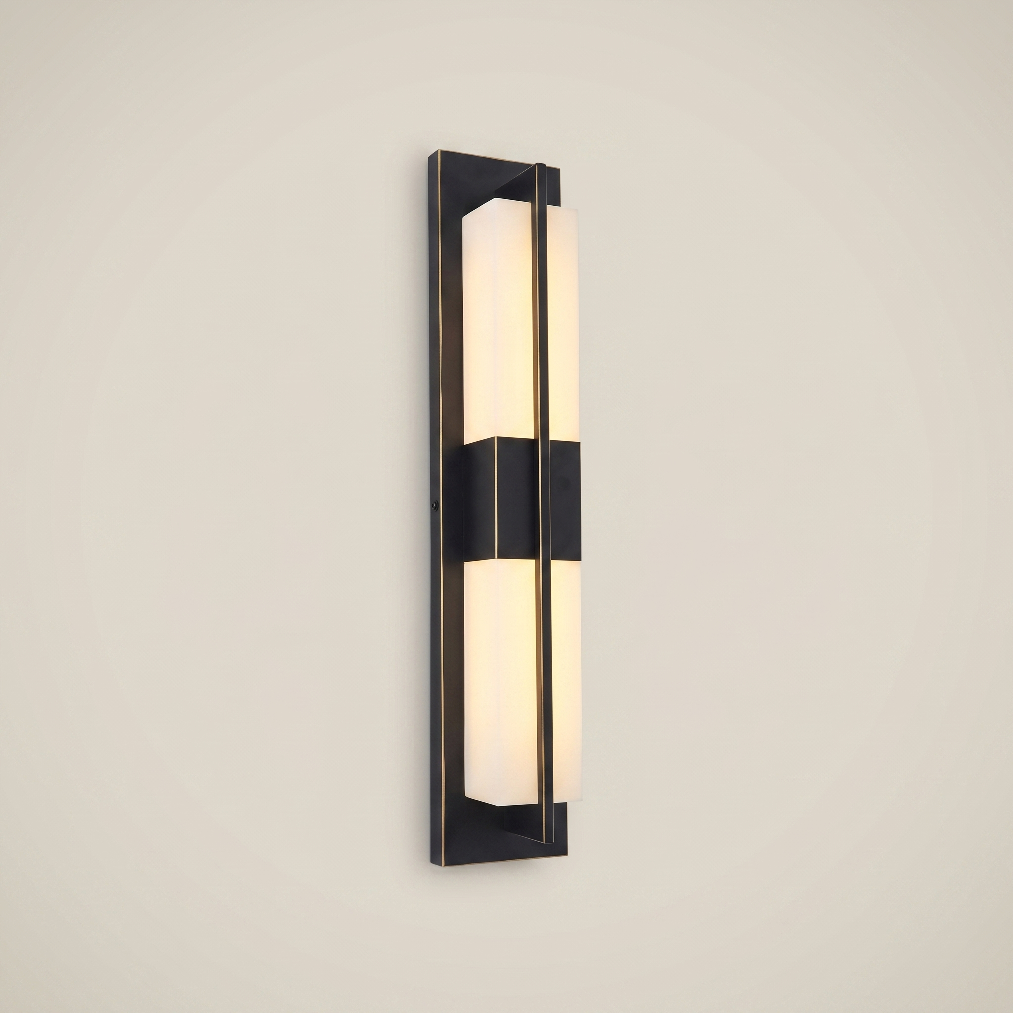 Elongated black outdoor water-resistant wall sconce Minglan model 4.7 inch wide by 17.5 inch tall shown front view lit with warm white LED