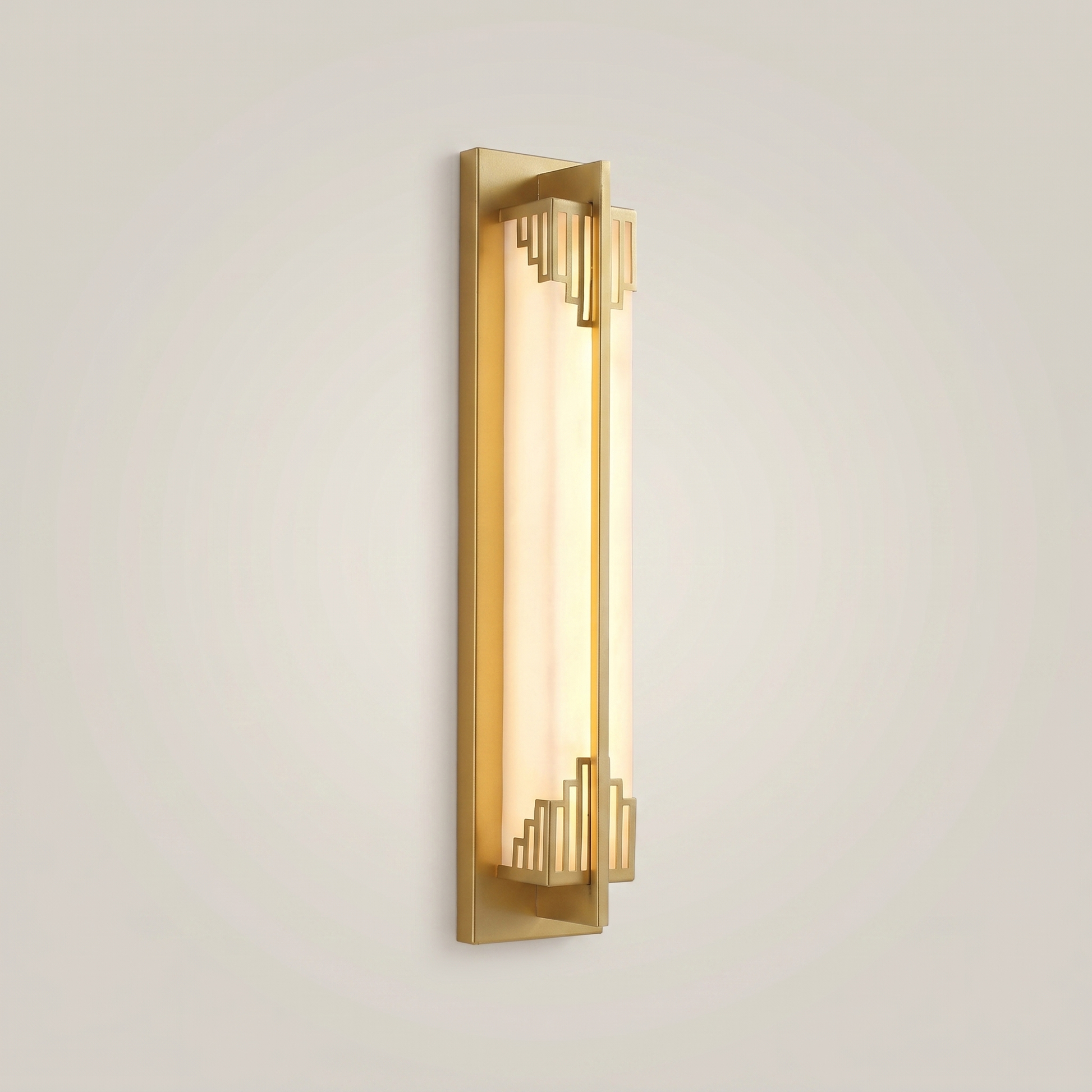 Elongated black outdoor water-resistant wall sconce Minglan 4.7 inch by 23.5 inch shown in ambient room lighting lit warmly