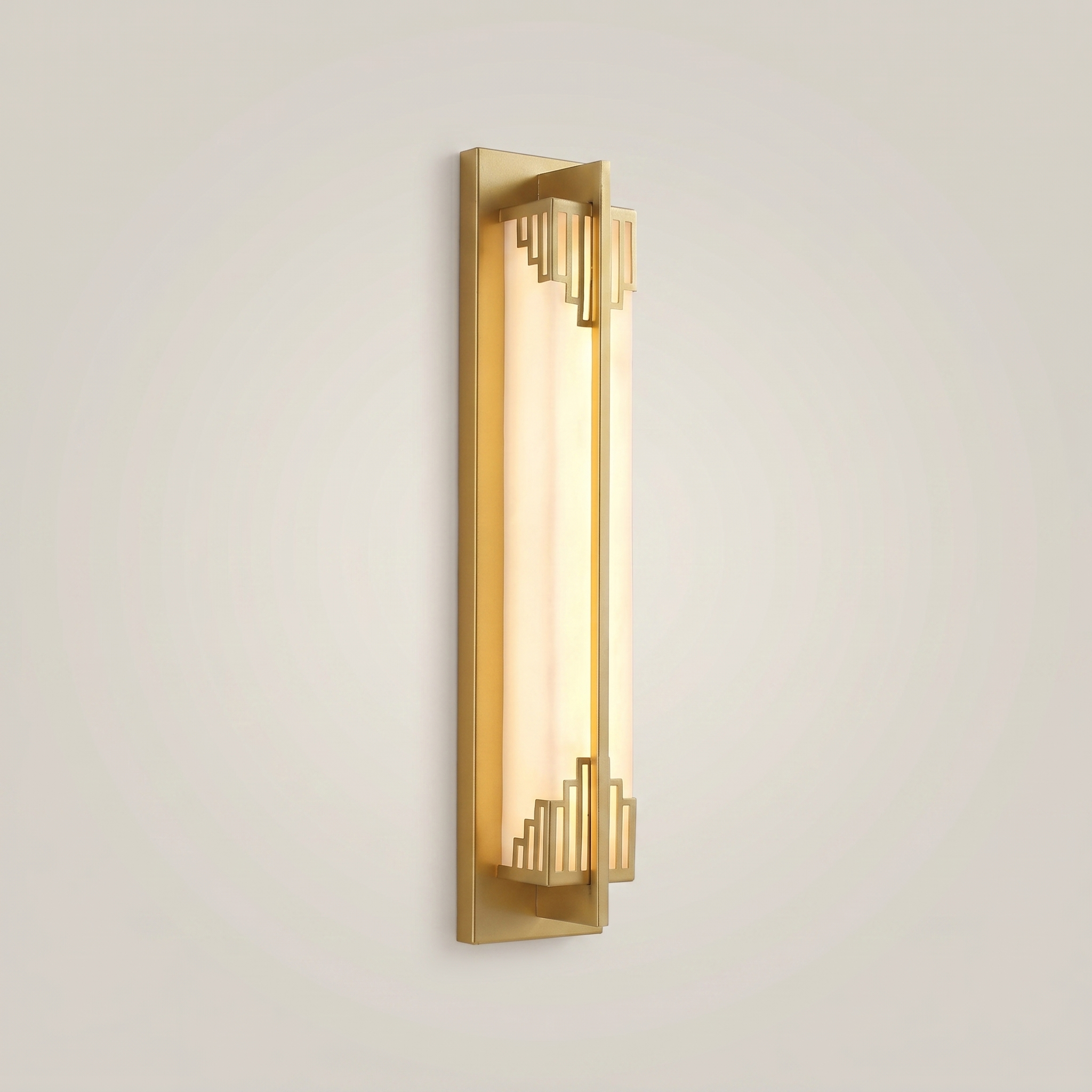 Elongated black outdoor water-resistant wall sconce Minglan 4.7 inch by 23.5 inch shown in ambient room lighting lit warmly