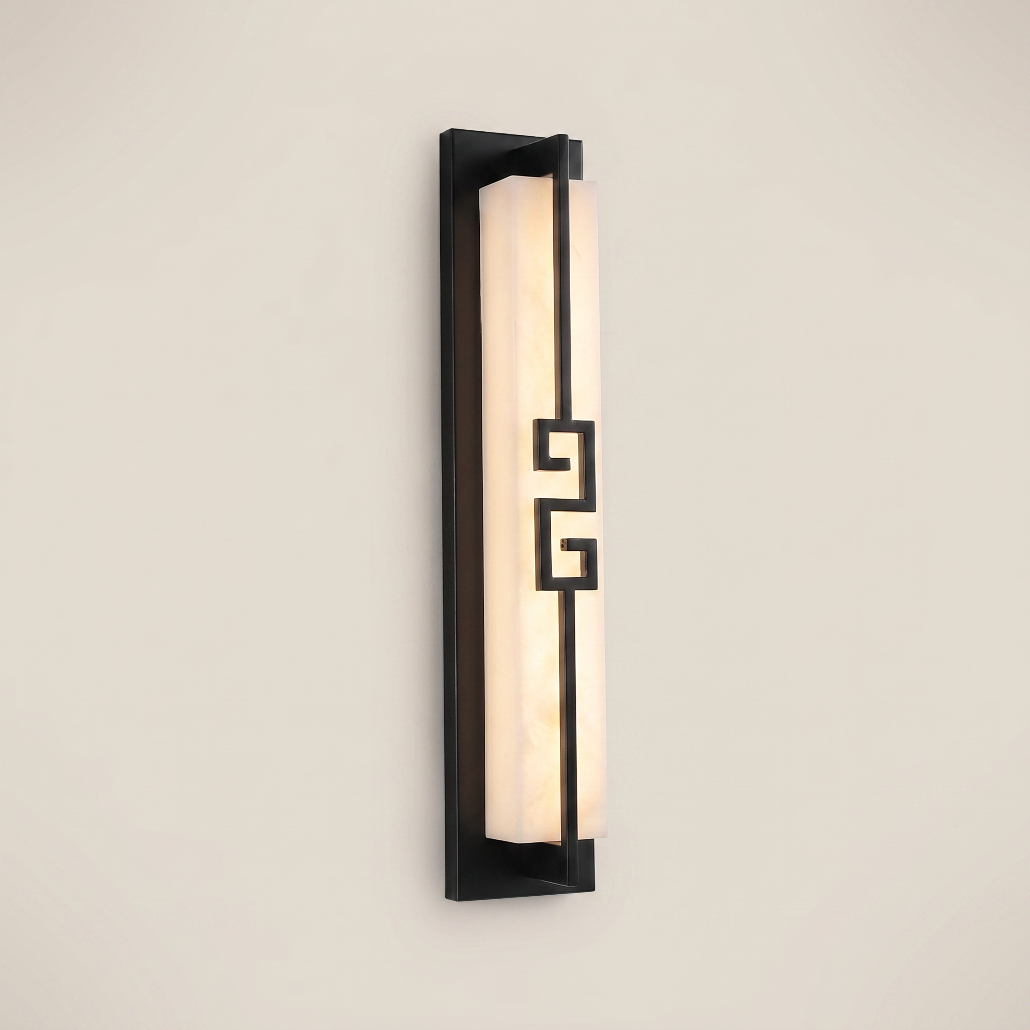 Close-up of elongated black outdoor water-resistant wall sconce Minglan 4.7 inch wide by 31.5 inch tall lit showing sleek minimalist design
