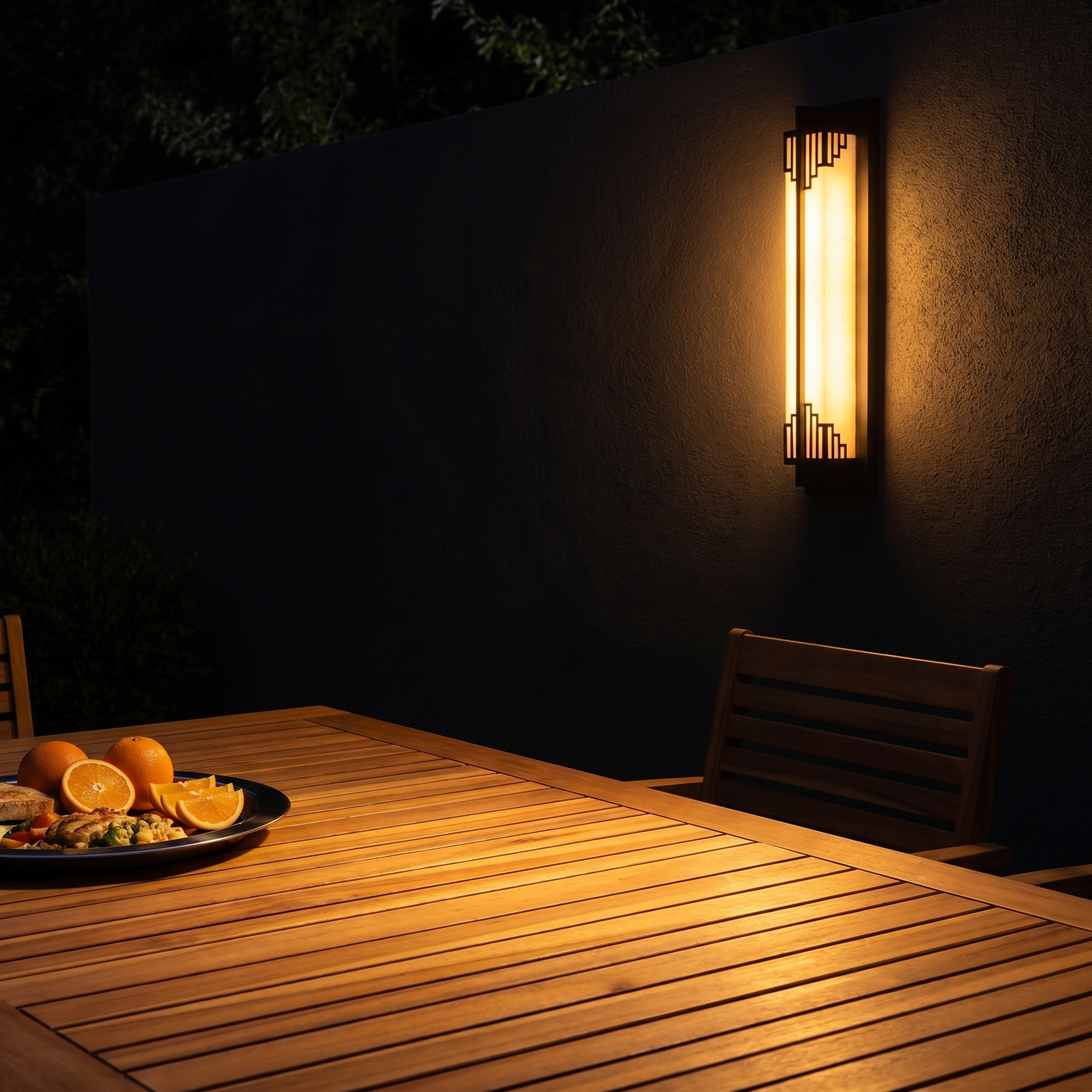 Elongated black outdoor water-resistant wall sconce Minglan 4.7 inch by 39.5 inch front view lit with warm white LED at night