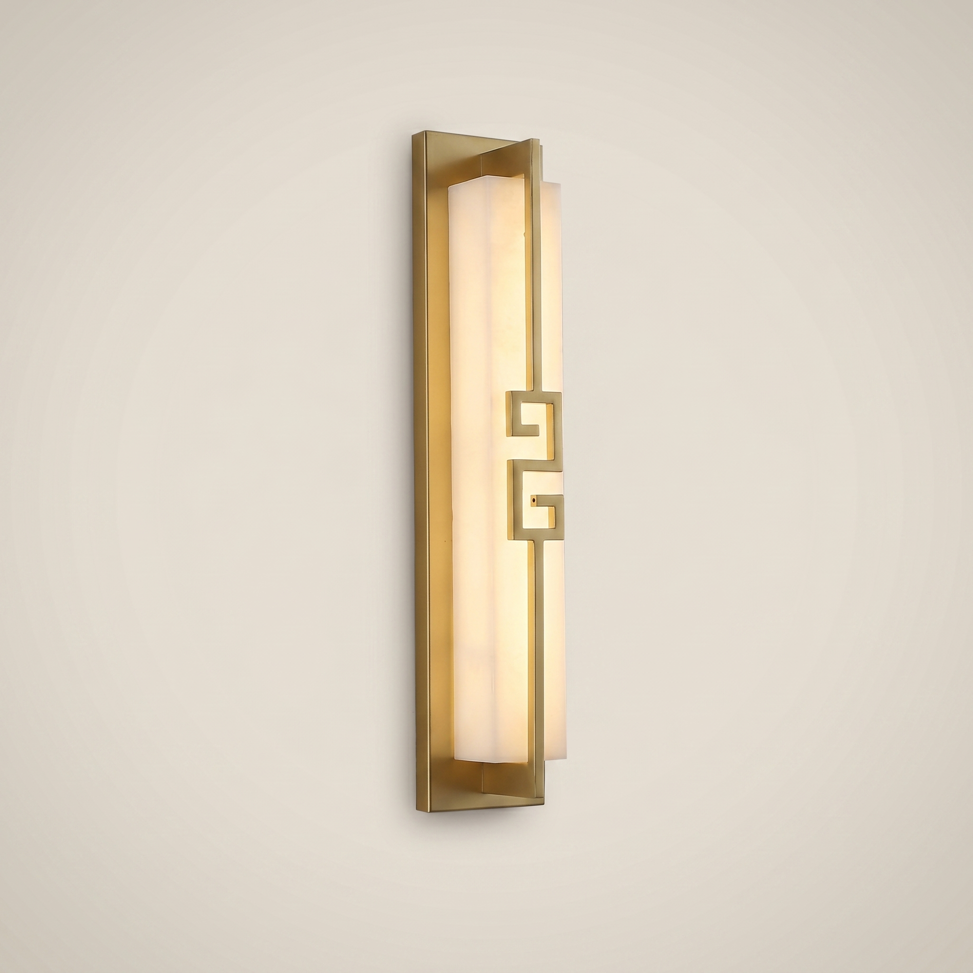 Top-down view of elongated black outdoor water-resistant wall sconce Minglan 4.7 inch by 39.5 inch lit warmly