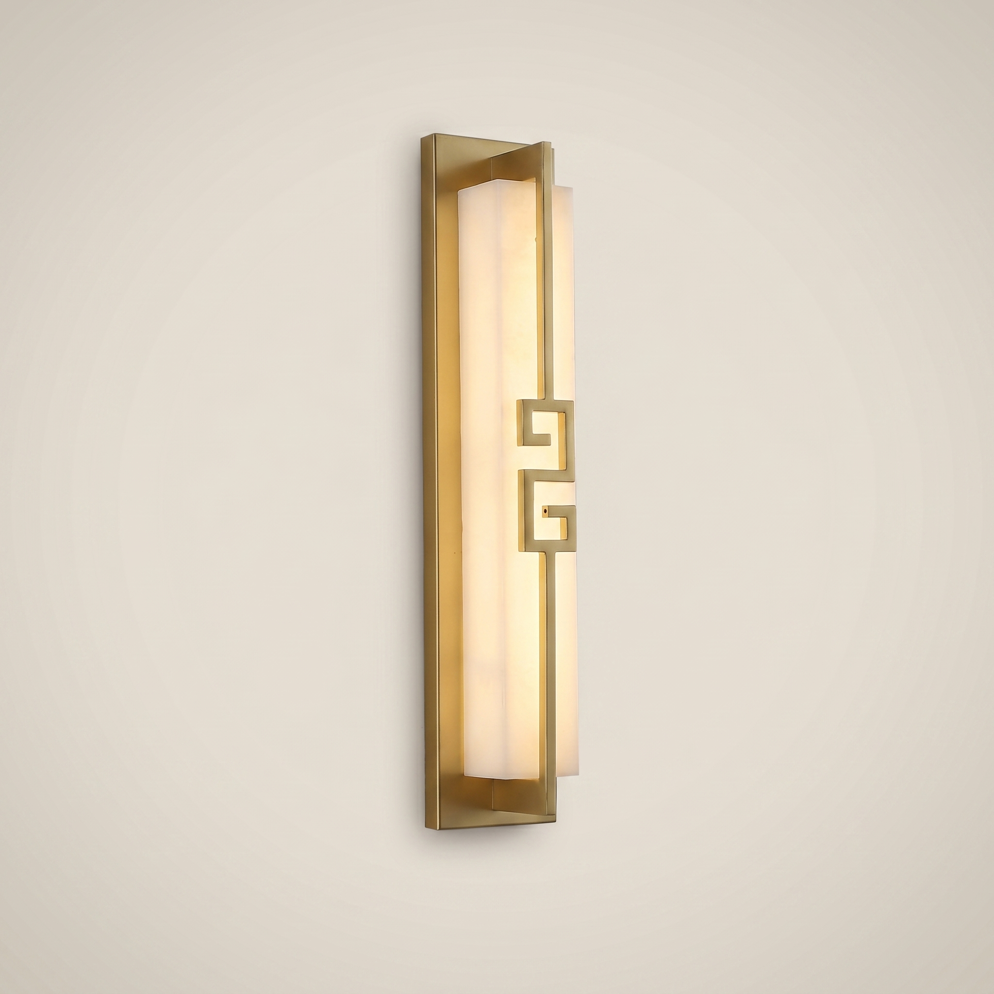 Top-down view of elongated black outdoor water-resistant wall sconce Minglan 4.7 inch by 39.5 inch lit warmly