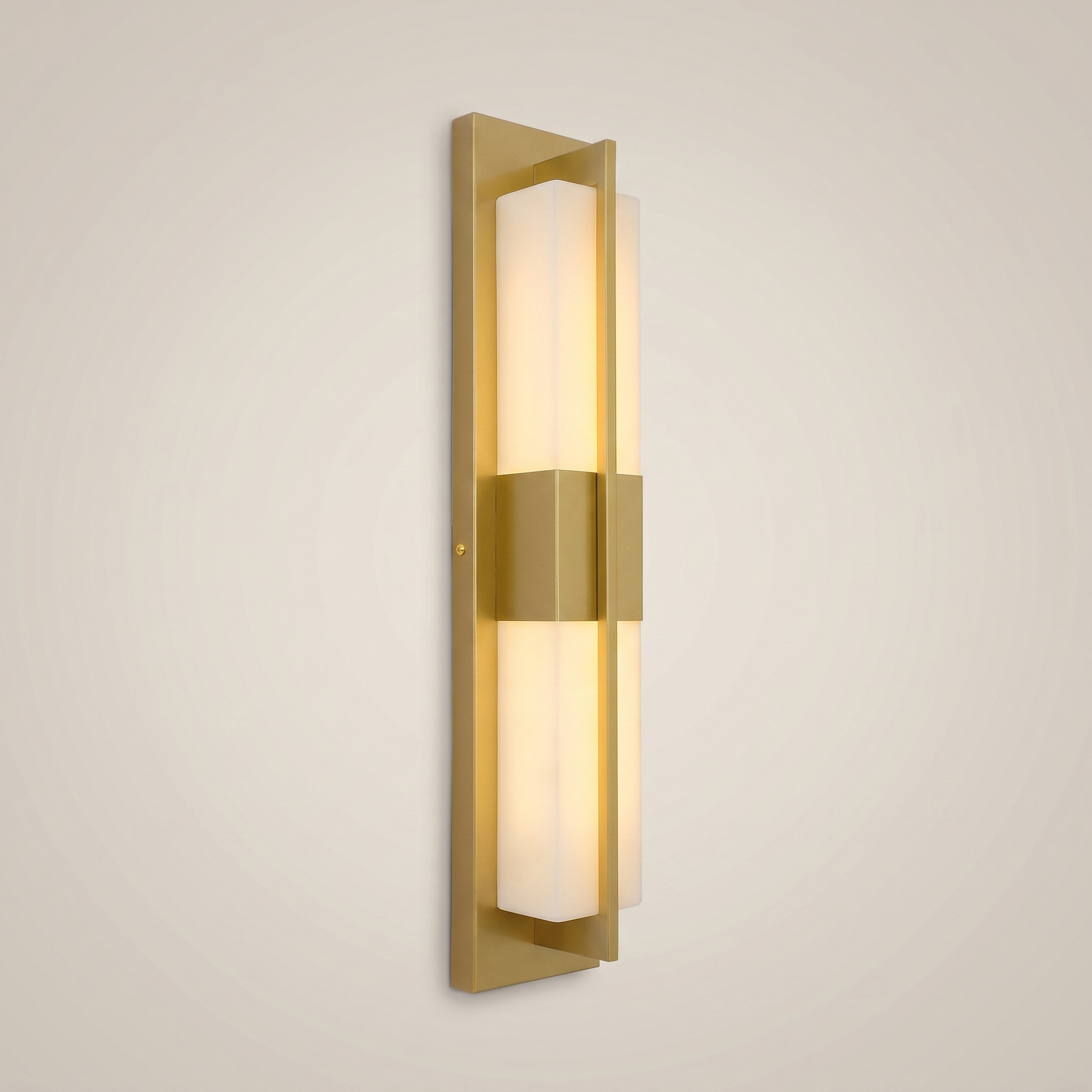 Elongated gold outdoor water-resistant wall sconce Minglan 4.7 inch by 17.5 inch shown three-quarter angle lit warmly