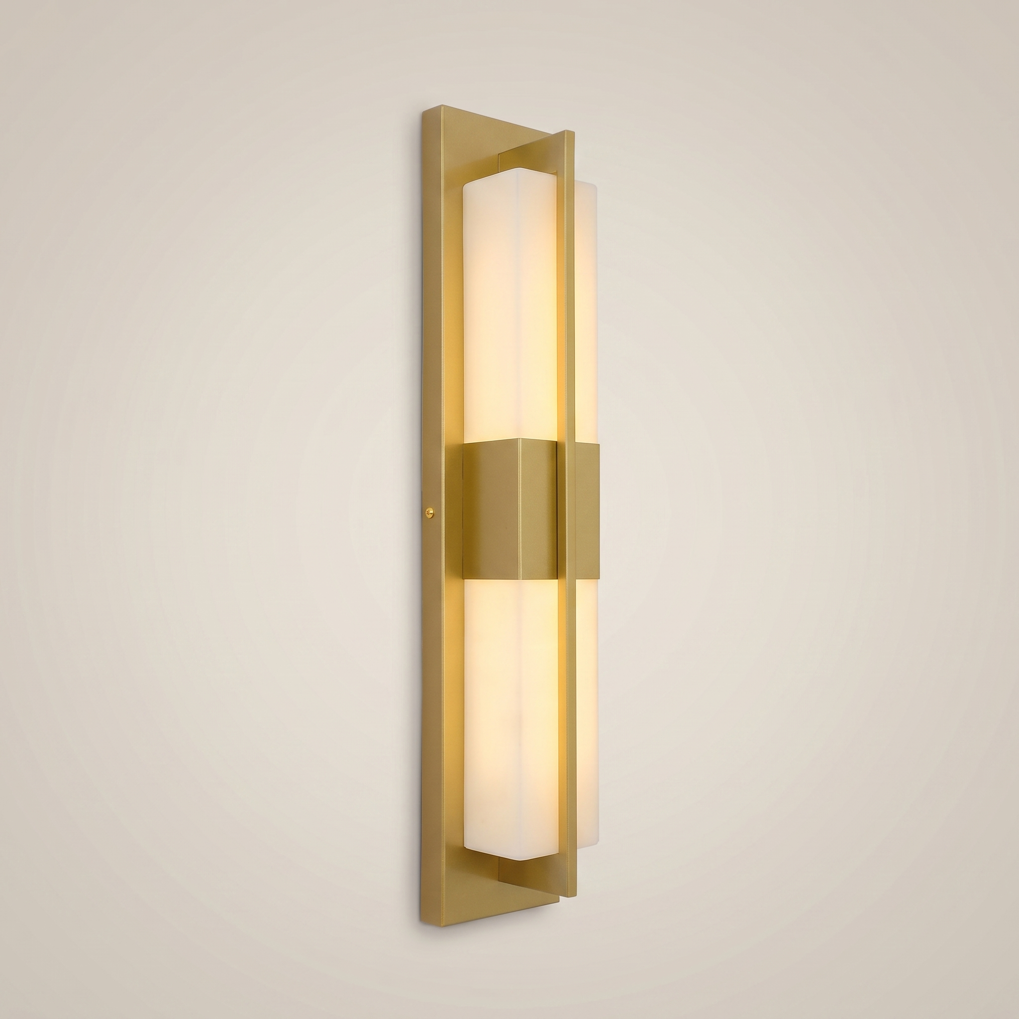 Elongated gold outdoor water-resistant wall sconce Minglan 4.7 inch by 17.5 inch shown three-quarter angle lit warmly