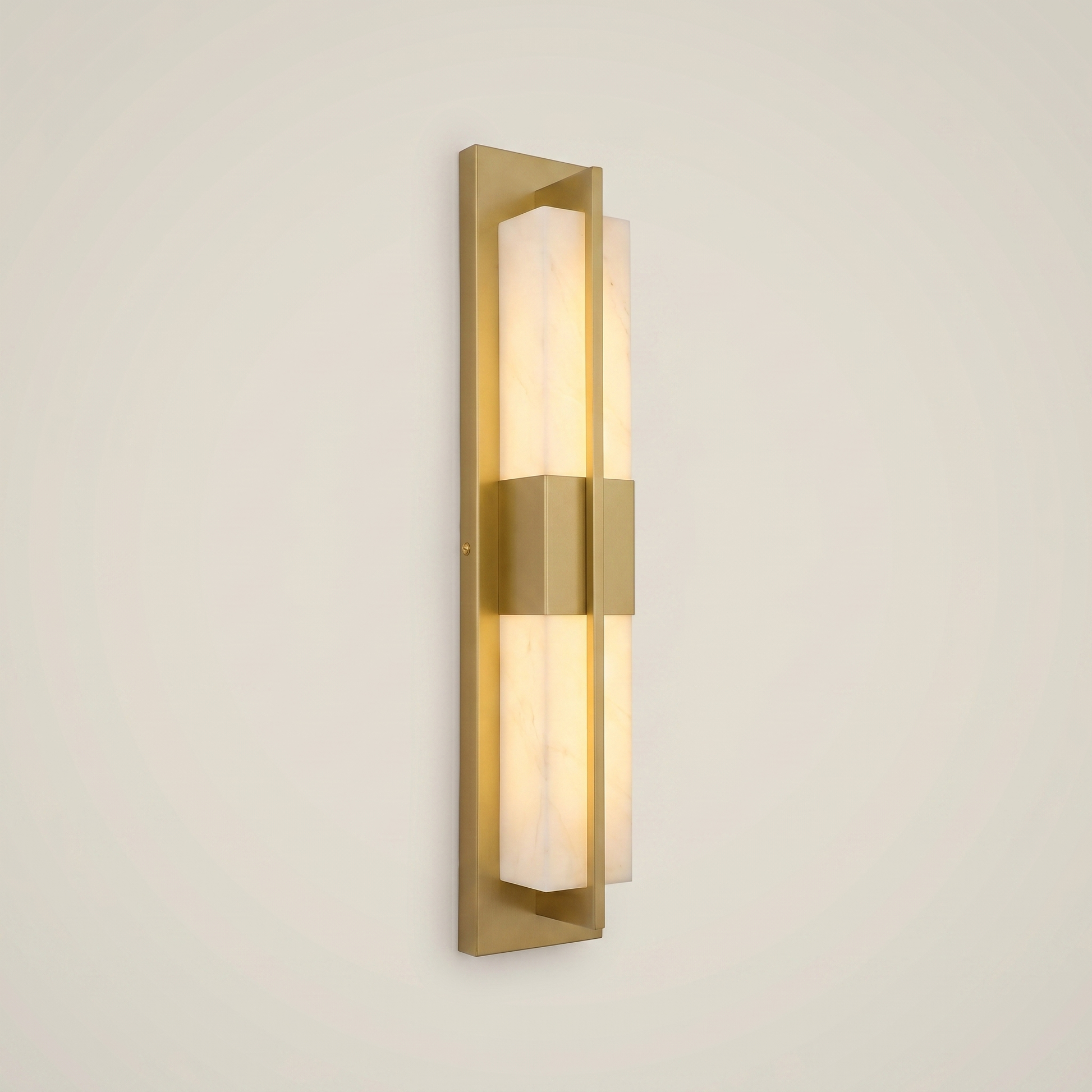 Elongated gold outdoor water-resistant wall sconce Minglan 4.7 inch wide by 23.5 inch tall front view lit with warm white LED