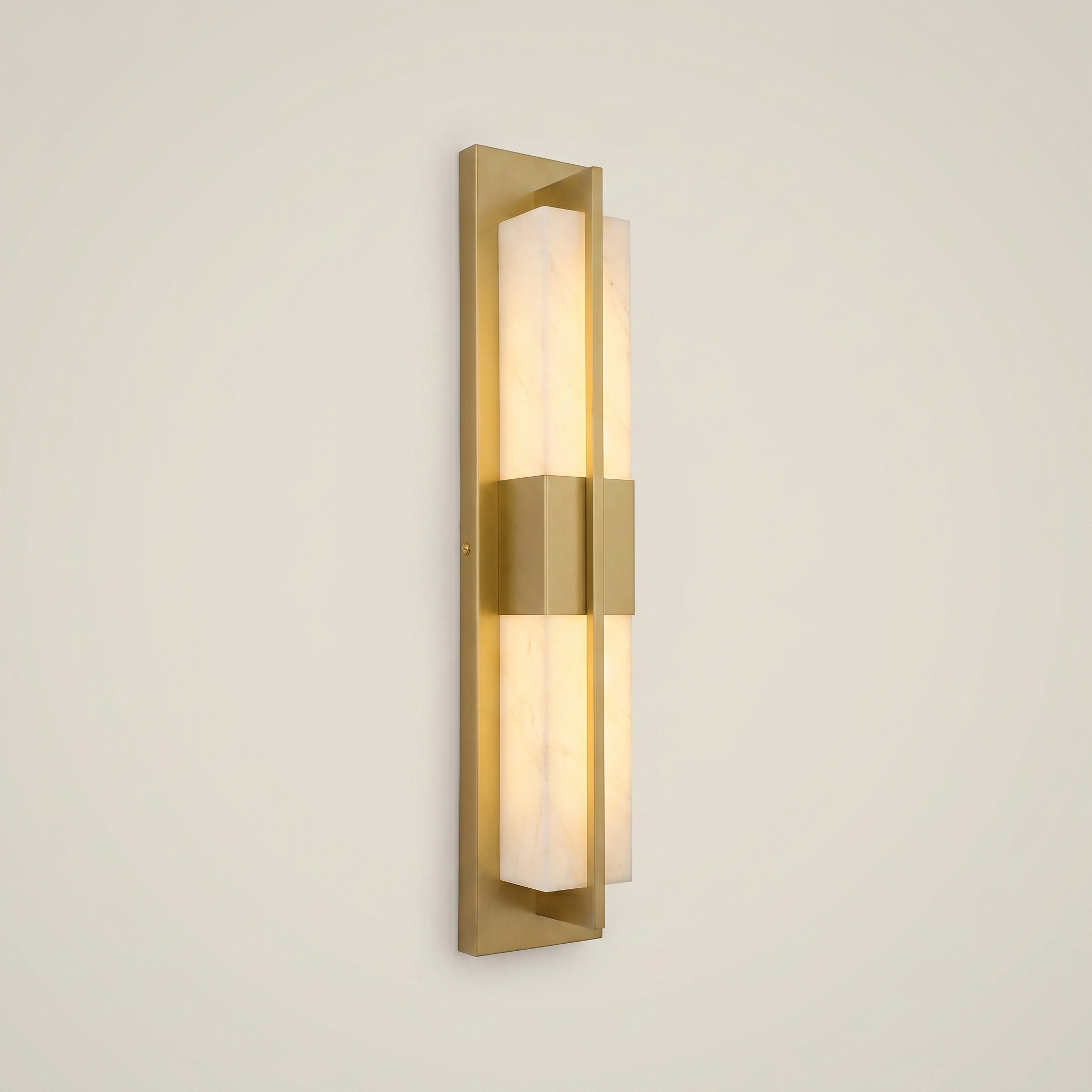 Elongated gold outdoor water-resistant wall sconce Minglan 4.7 inch wide by 23.5 inch tall front view lit with warm white LED