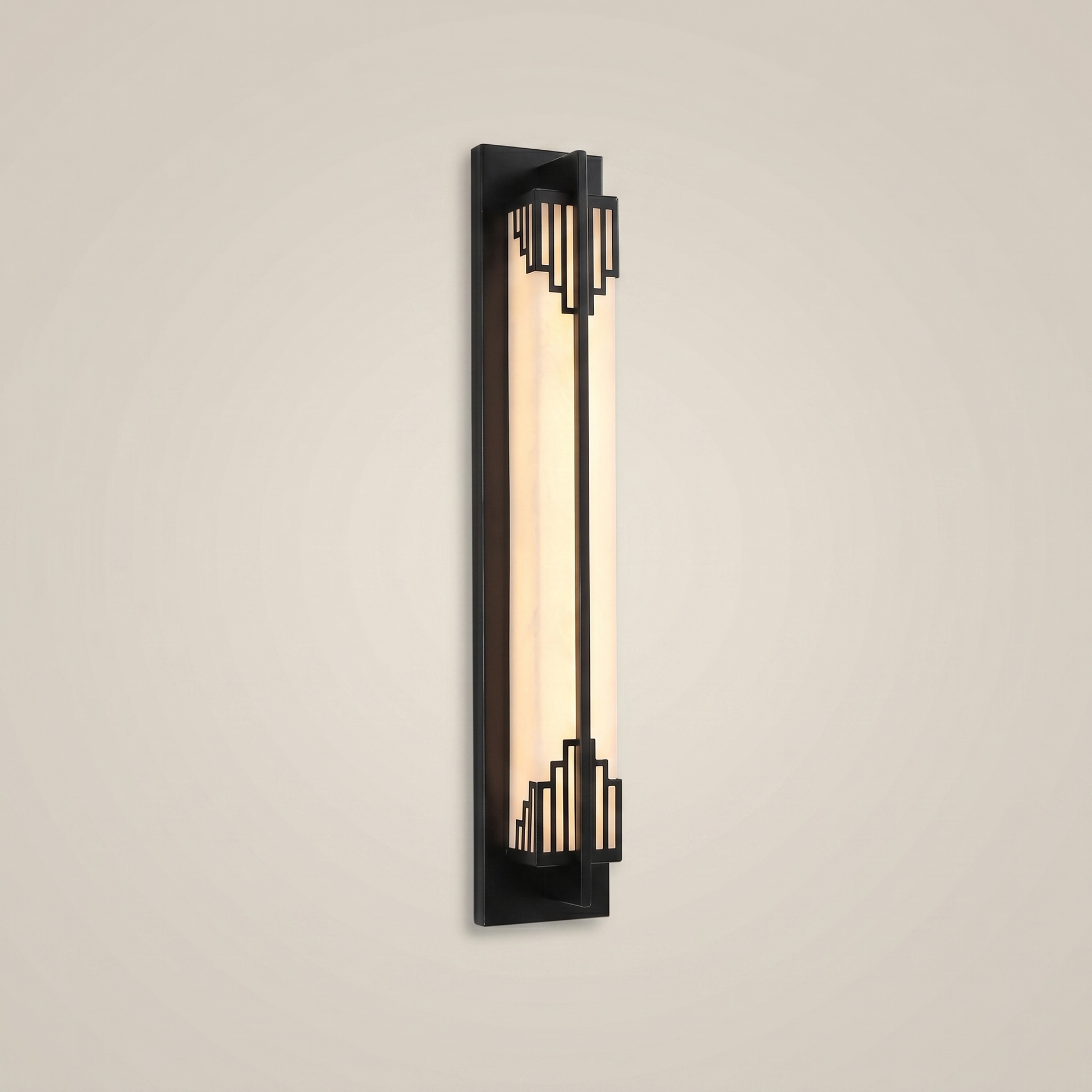 Side profile of elongated gold outdoor water-resistant wall sconce Minglan 4.7 inch by 31.5 inch lit warmly