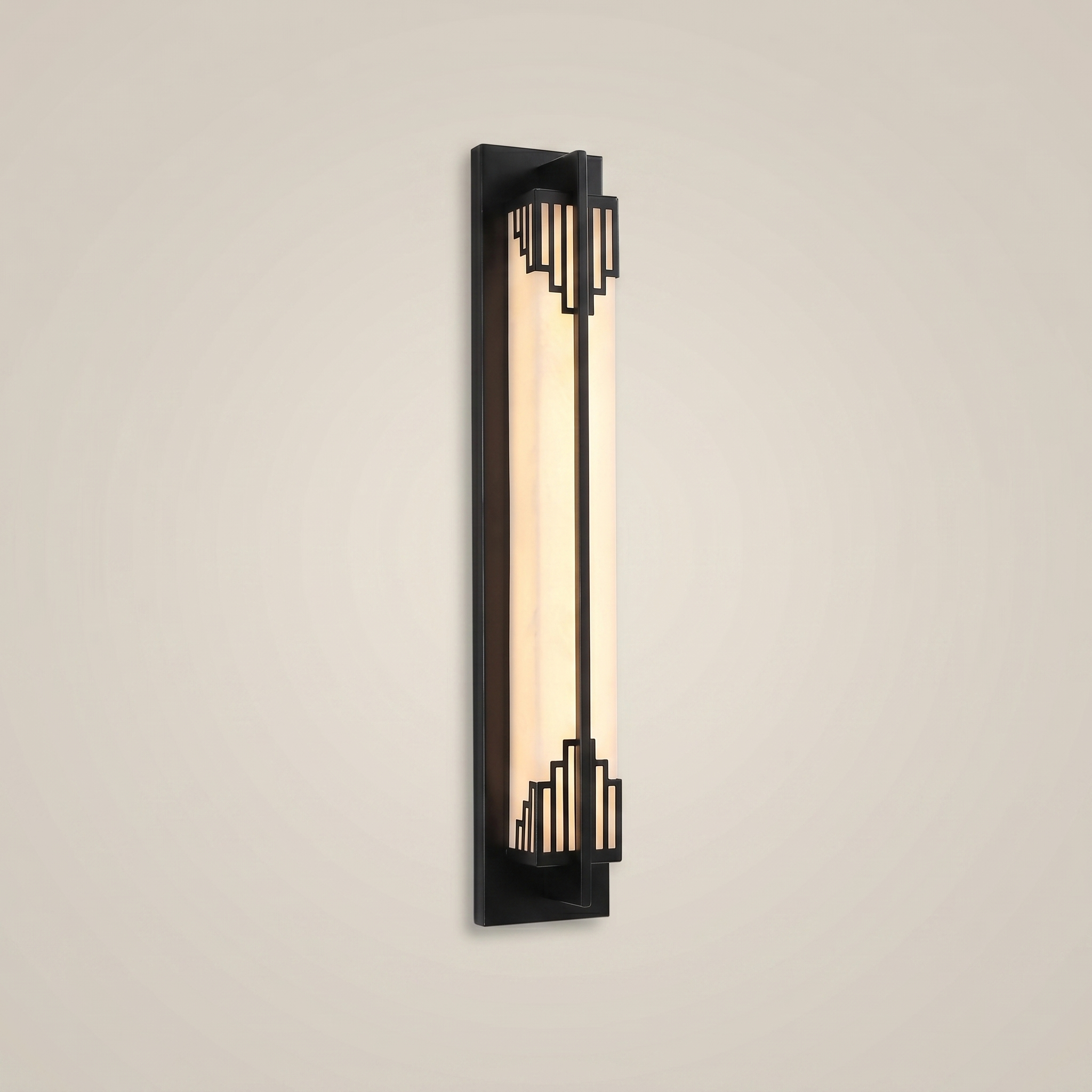 Side profile of elongated gold outdoor water-resistant wall sconce Minglan 4.7 inch by 31.5 inch lit warmly