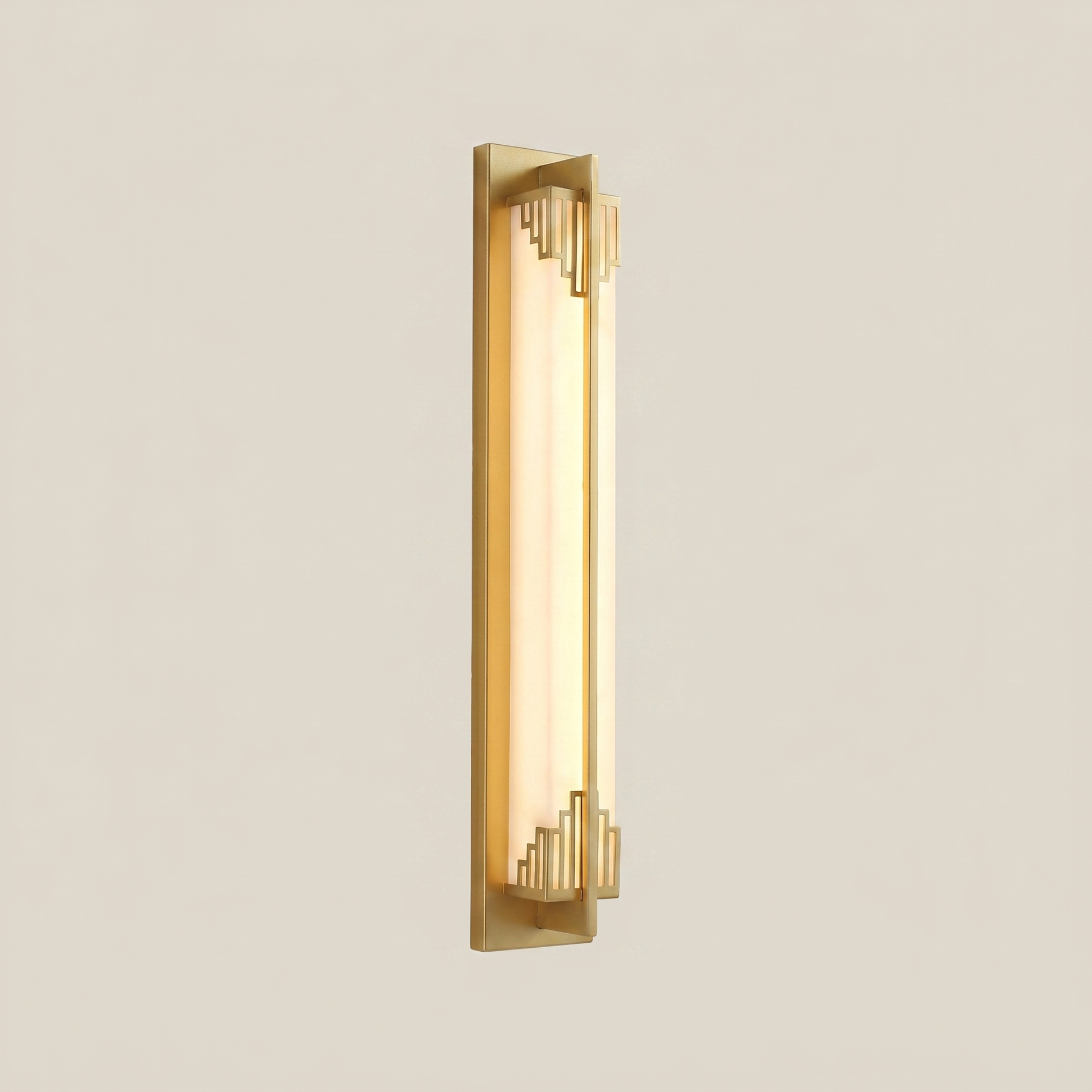 Elongated gold outdoor water-resistant wall sconce Minglan 4.7 inch wide by 39.5 inch tall shown three-quarter angle lit warmly