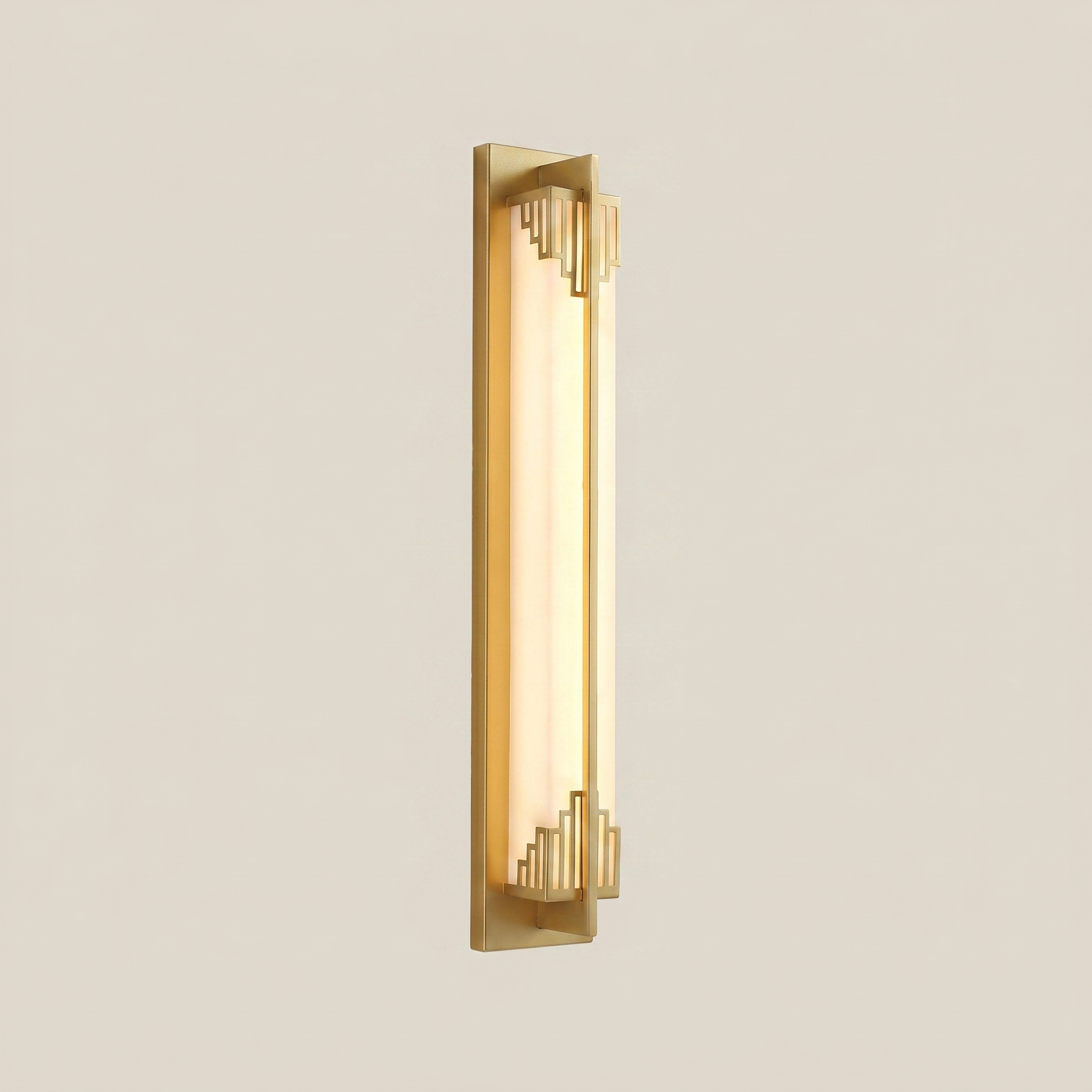 Elongated gold outdoor water-resistant wall sconce Minglan 4.7 inch wide by 39.5 inch tall shown three-quarter angle lit warmly