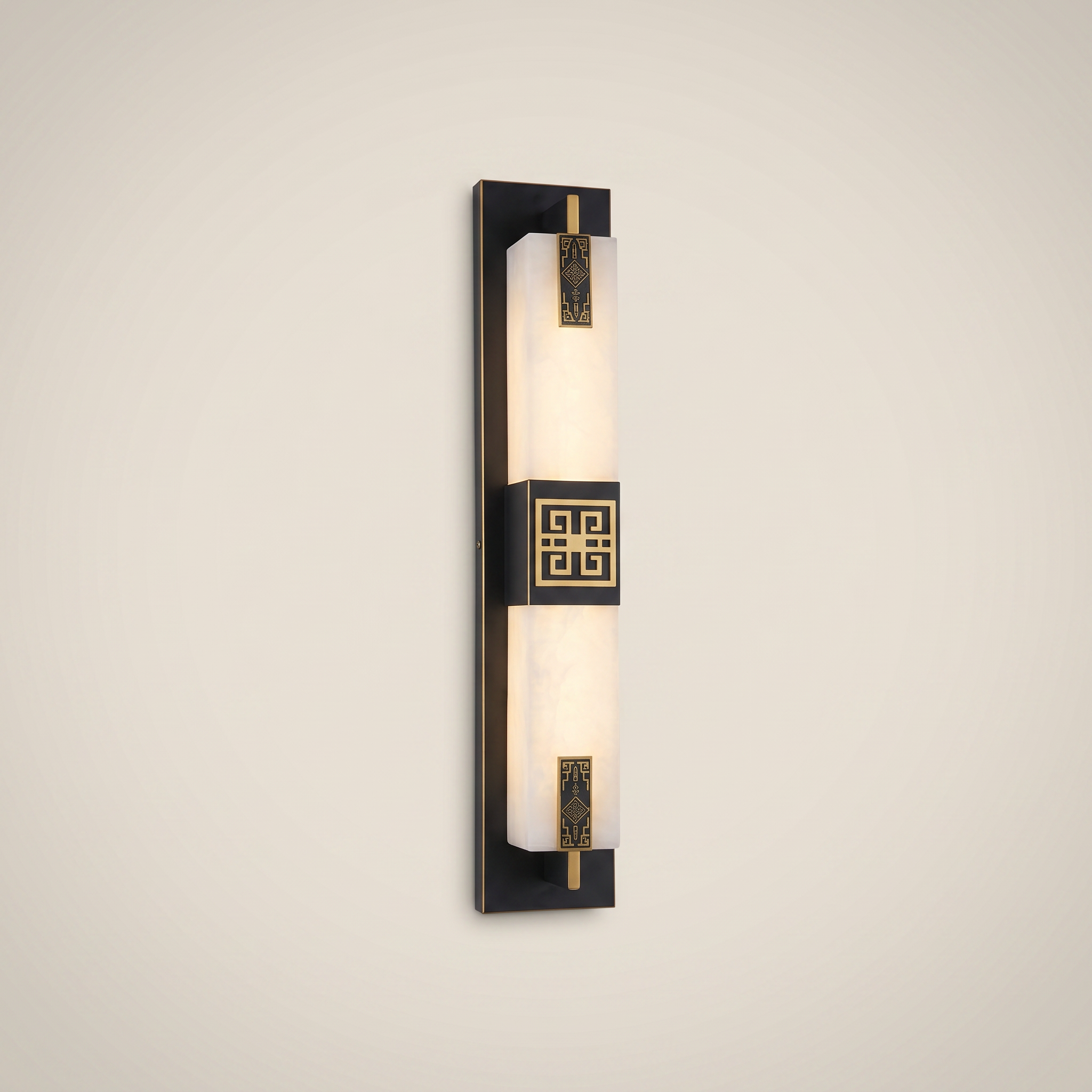 Eye-level wide shot of elongated black outdoor water-resistant wall sconce Shuya 4.7 inch by 23.5 inch lit warmly