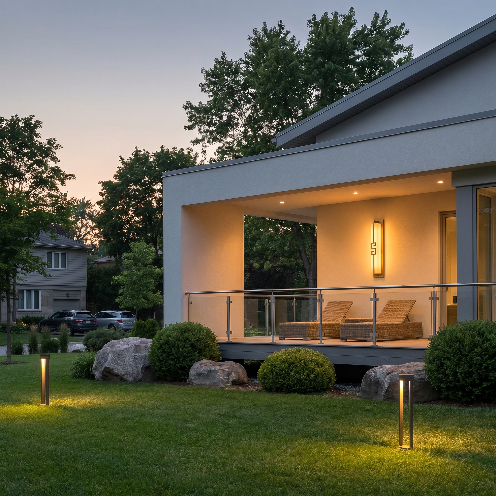 Elongated black outdoor water-resistant wall sconce Shuya 4.7 inch by 31.5 inch front view lit with warm white LED outdoors at night