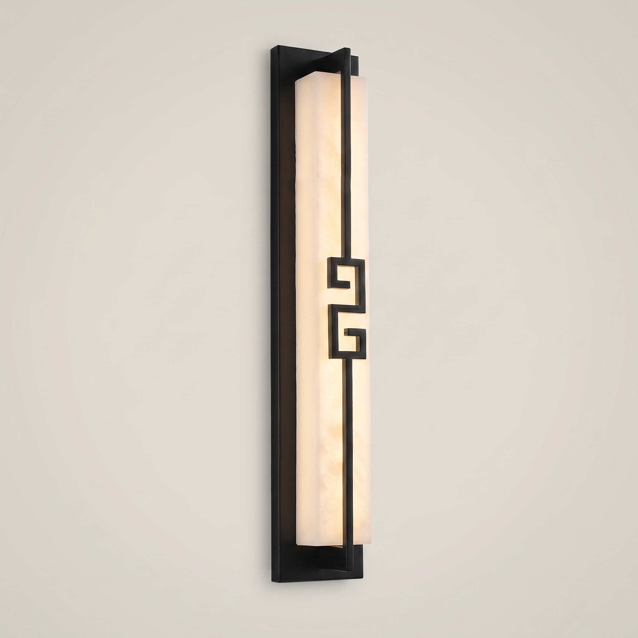 Elongated gold outdoor water-resistant wall sconce Shuya 4.7 inch by 23.5 inch front view lit with warm white LED