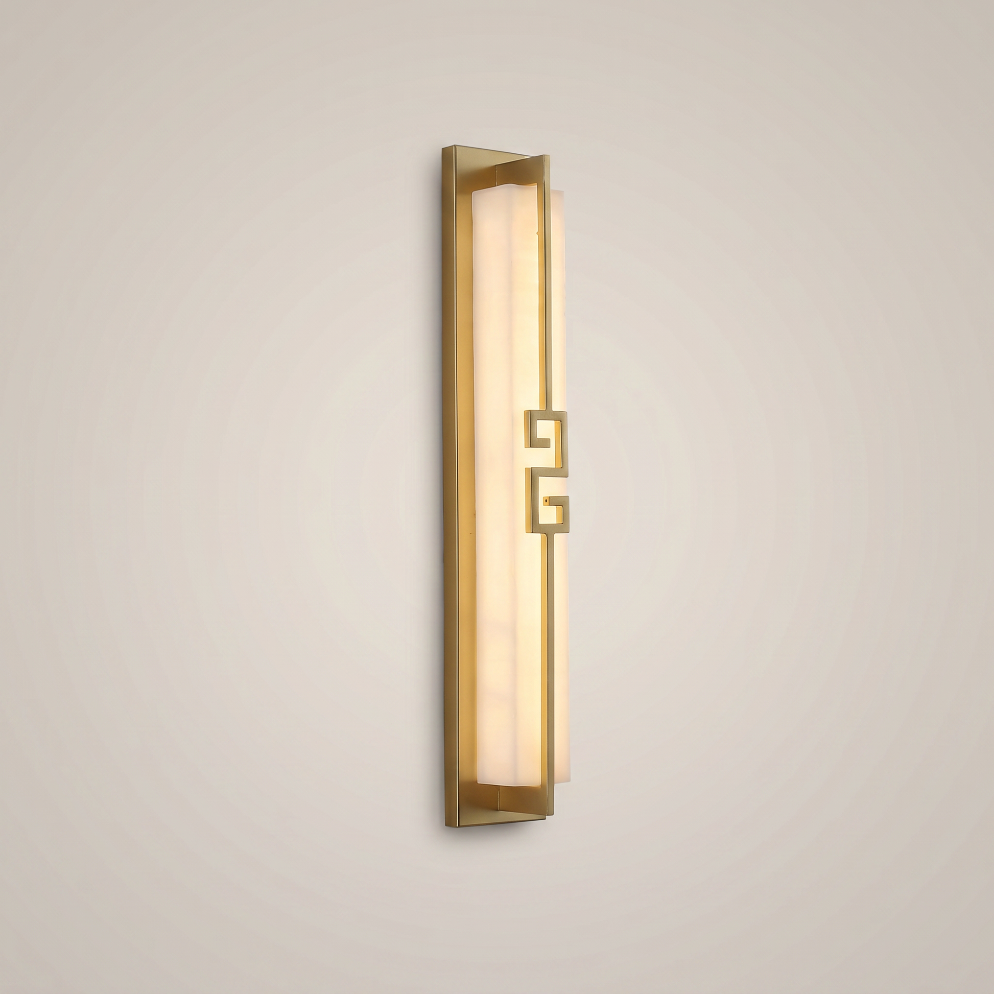 Elongated gold outdoor water-resistant wall sconce Shuya 4.7 inch wide by 31.5 inch tall three-quarter angle lit warmly