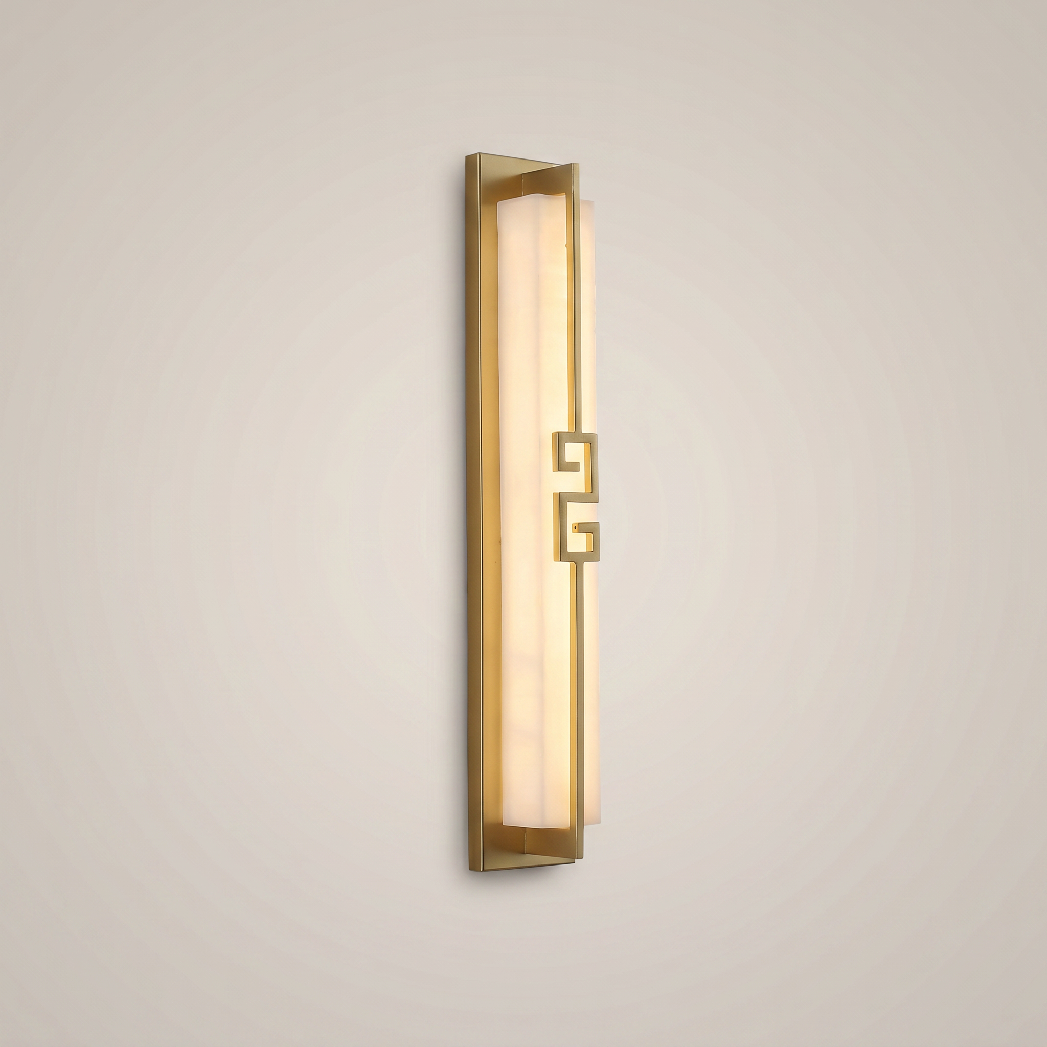 Elongated gold outdoor water-resistant wall sconce Shuya 4.7 inch wide by 31.5 inch tall three-quarter angle lit warmly
