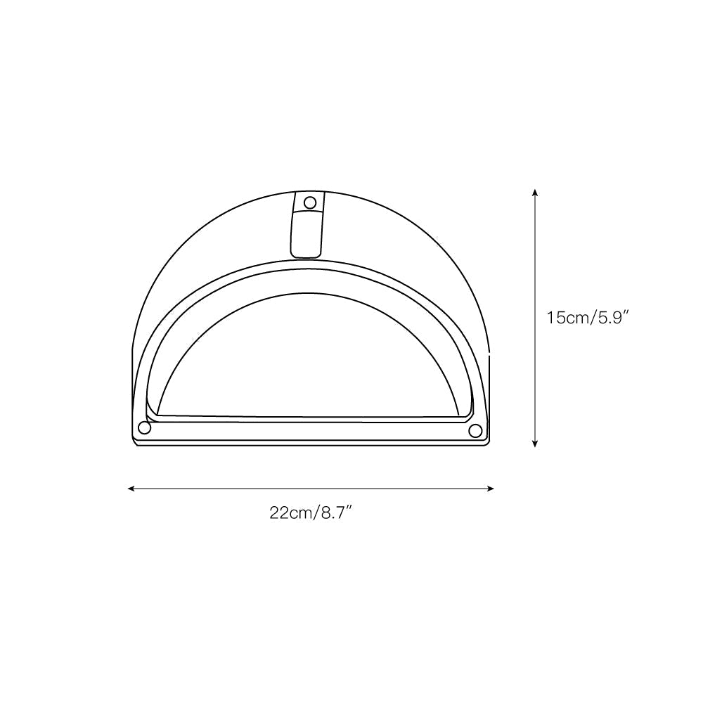Line drawing of Fenwick vintage outdoor glass sconce, half-round shape, showing dimensions 15cm (5.9 inches) height and 22cm (8.7 inches) width, suitable for model E.