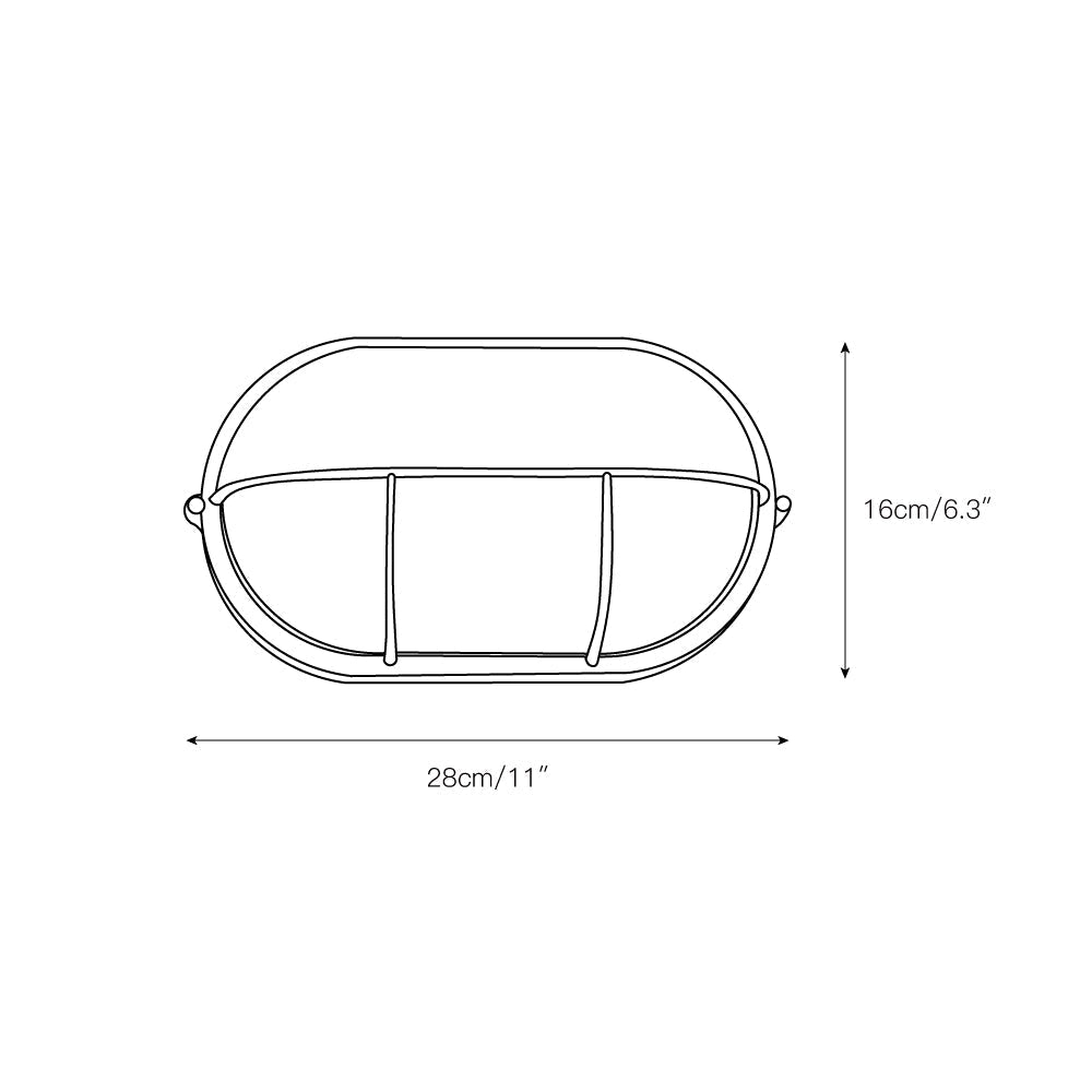 Line drawing of Fenwick vintage outdoor glass sconce, oval shape, showing dimensions 16cm (6.3 inches) height and 28cm (11 inches) width, suitable for models B and C.