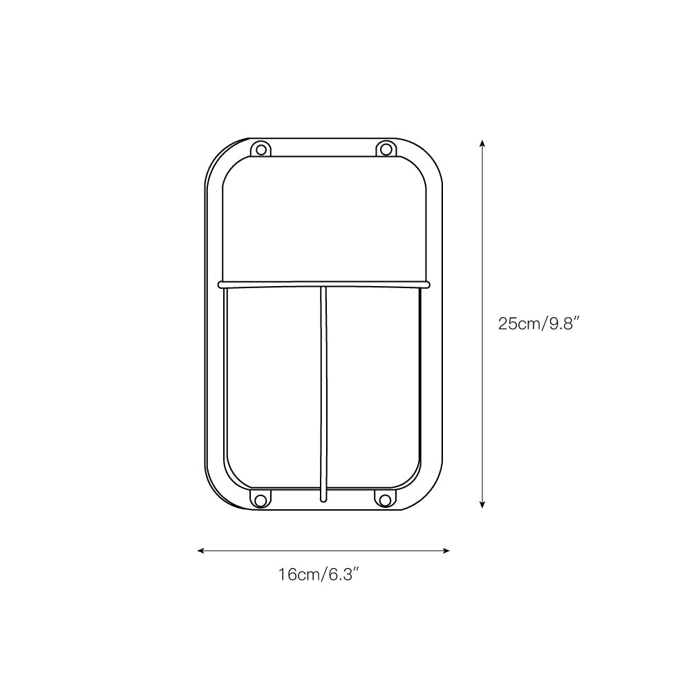 Line drawing of Fenwick vintage outdoor glass sconce, rectangular shape, showing dimensions 25cm (9.8 inches) height and 16cm (6.3 inches) width.