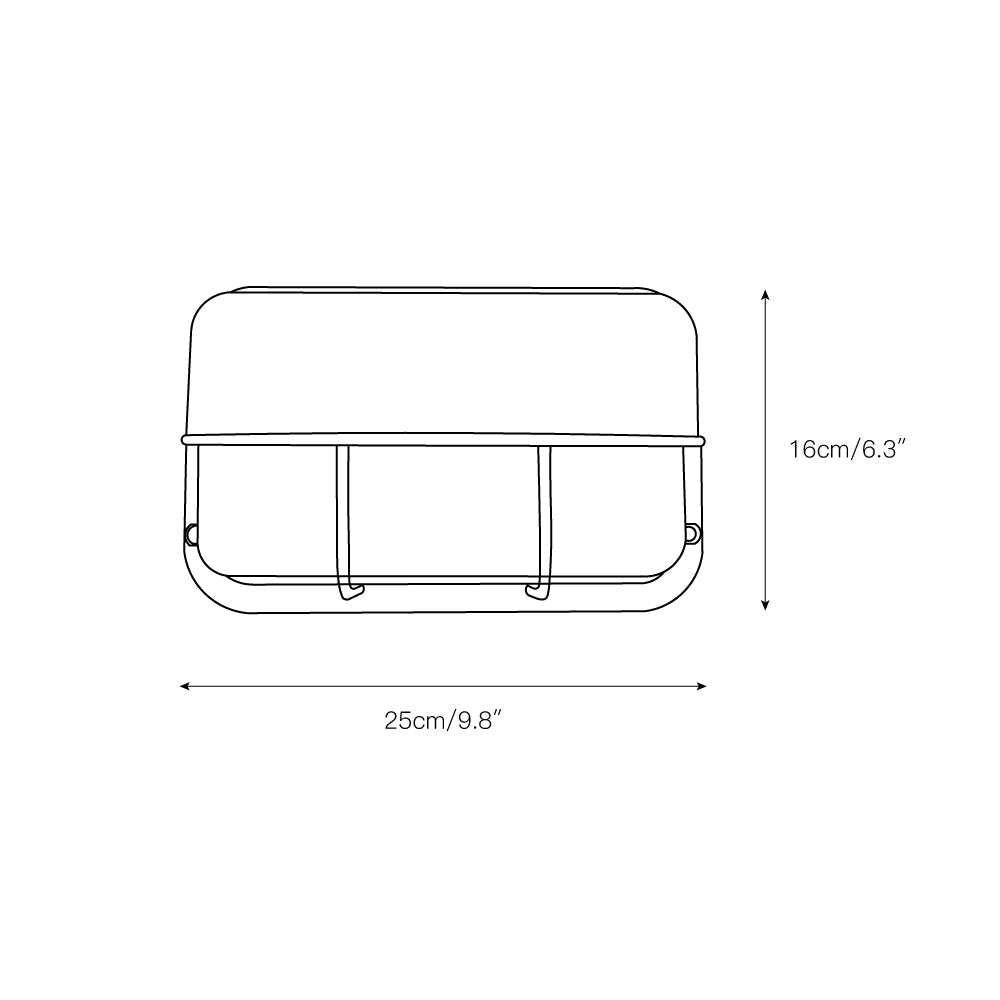 Line drawing of Fenwick vintage outdoor glass sconce, horizontal rectangular shape, showing dimensions 16cm (6.3 inches) height and 25cm (9.8 inches) width, suitable for models A, G, and J.