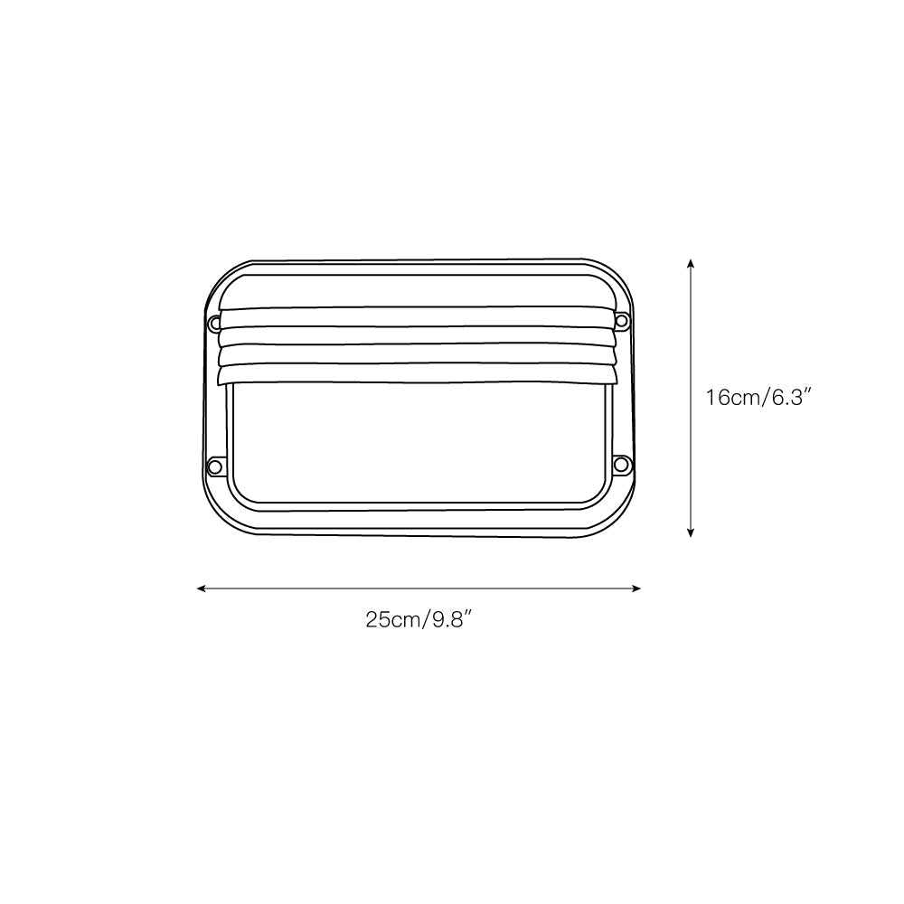 Vintage outdoor glass sconce wall lamp line drawing showing a horizontal rectangular light fixture with horizontal slats at the top and dimensions 25cm wide, 9.8 inches, 16cm high, 6.3 inches.