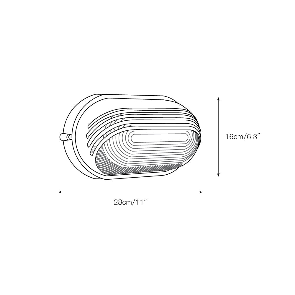 Vintage outdoor glass sconce wall lamp line drawing showing an oval-shaped light fixture with horizontal slats and dimensions 28cm wide, 11 inches, 16cm high, 6.3 inches.