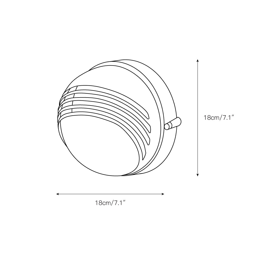 Vintage outdoor glass sconce wall lamp line drawing showing a round light fixture with horizontal slats and dimensions 18cm wide, 7.1 inches, 18cm high, 7.1 inches.