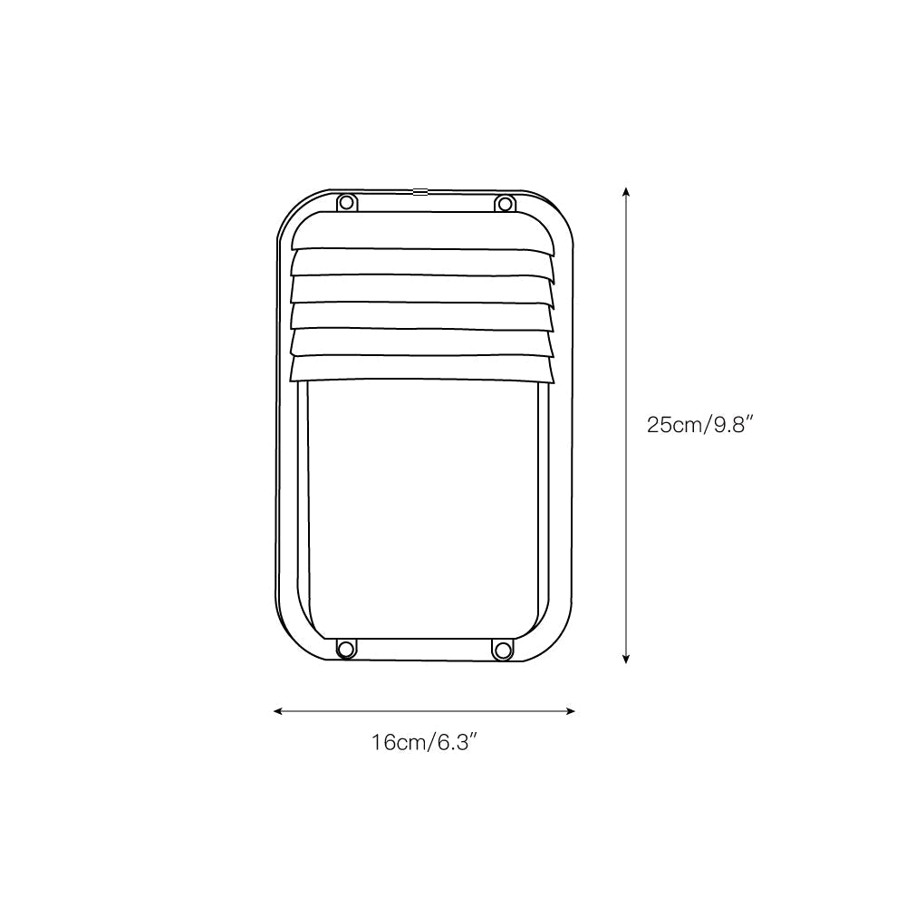 Vintage outdoor glass sconce wall lamp line drawing showing a vertical rectangular light fixture with horizontal slats at the top and dimensions 16cm wide, 6.3 inches, 25cm high, 9.8 inches.