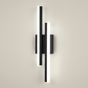 Black fabric acrylic dual vertical LED USB-C rechargeable no-drill wall sconce shown front view lit with fabric body and acrylic shade