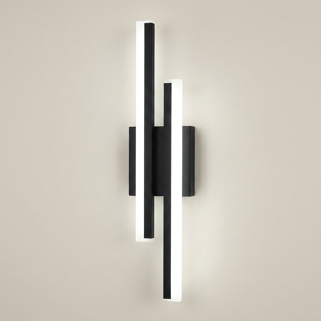 Black fabric acrylic dual vertical LED USB-C rechargeable no-drill wall sconce shown front view lit with fabric body and acrylic shade