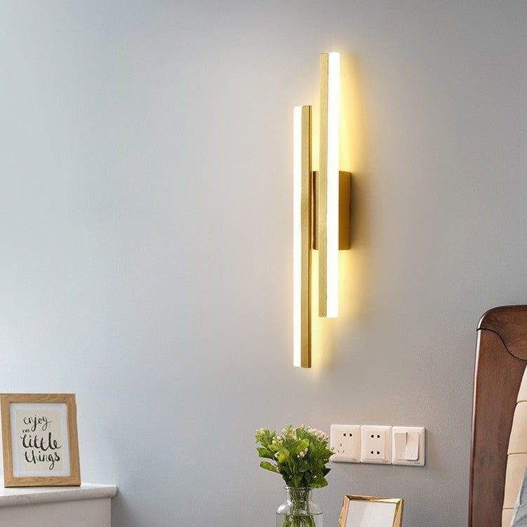 Black fabric acrylic dual vertical LED USB-C rechargeable no-drill wall sconce side profile lit with acrylic shade close-up