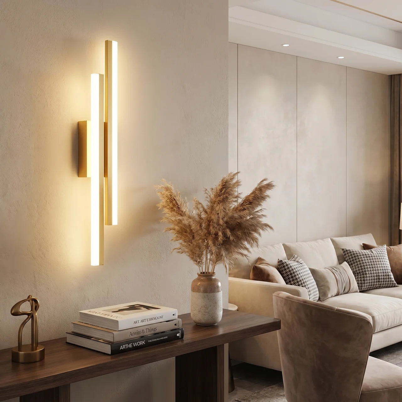 Gold fabric acrylic dual vertical LED USB-C rechargeable no-drill wall sconce front view lit with acrylic shade in bedroom setting