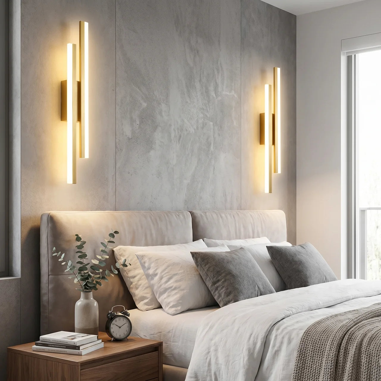 Gold fabric acrylic dual vertical LED USB-C rechargeable no-drill wall sconce at three-quarter angle lit on living room wall