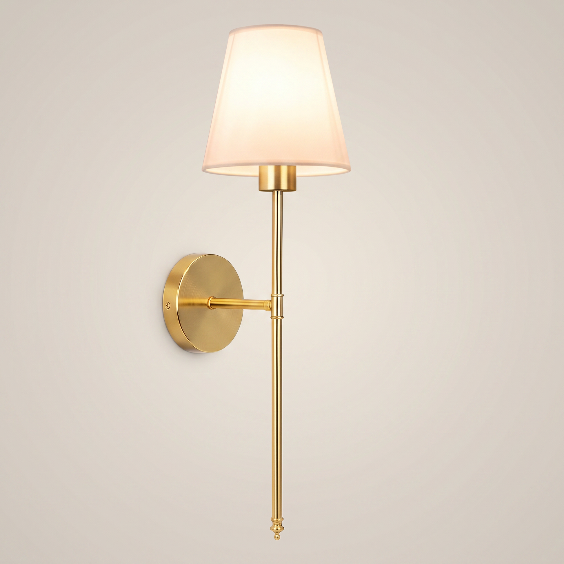Black fabric wireless RGB remote control 1-light wall sconce close-up lit on living room wall with fabric shade