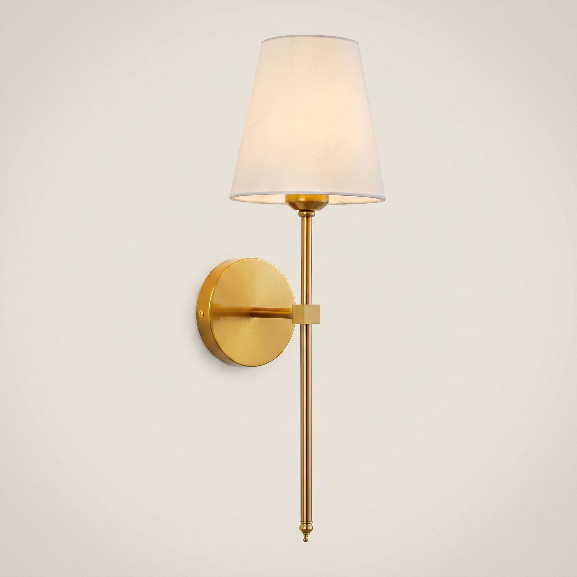 Black fabric wireless RGB remote control 1-light wall sconce side profile lit on bedroom wall with fabric shade