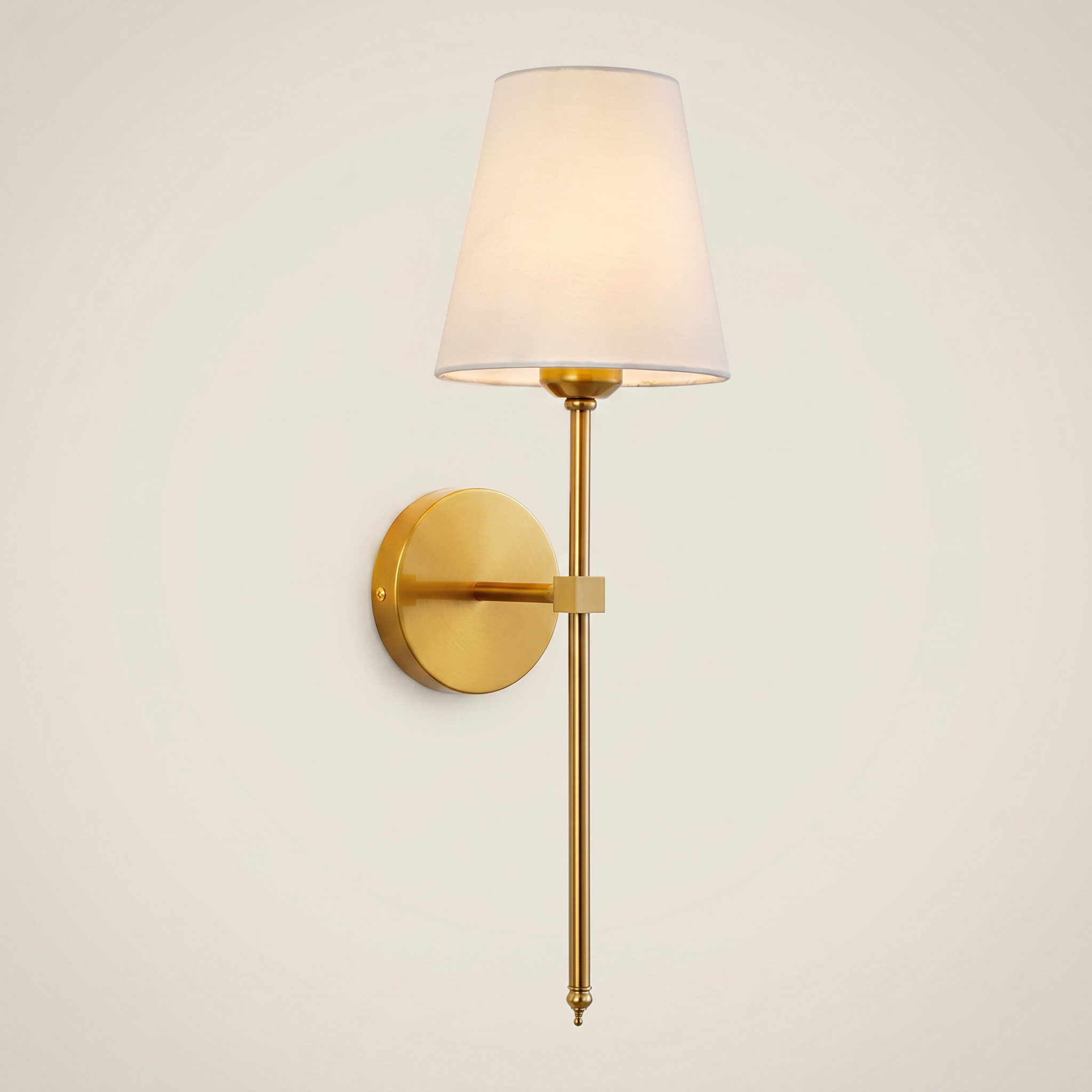 Black fabric wireless RGB remote control 1-light wall sconce side profile lit on bedroom wall with fabric shade