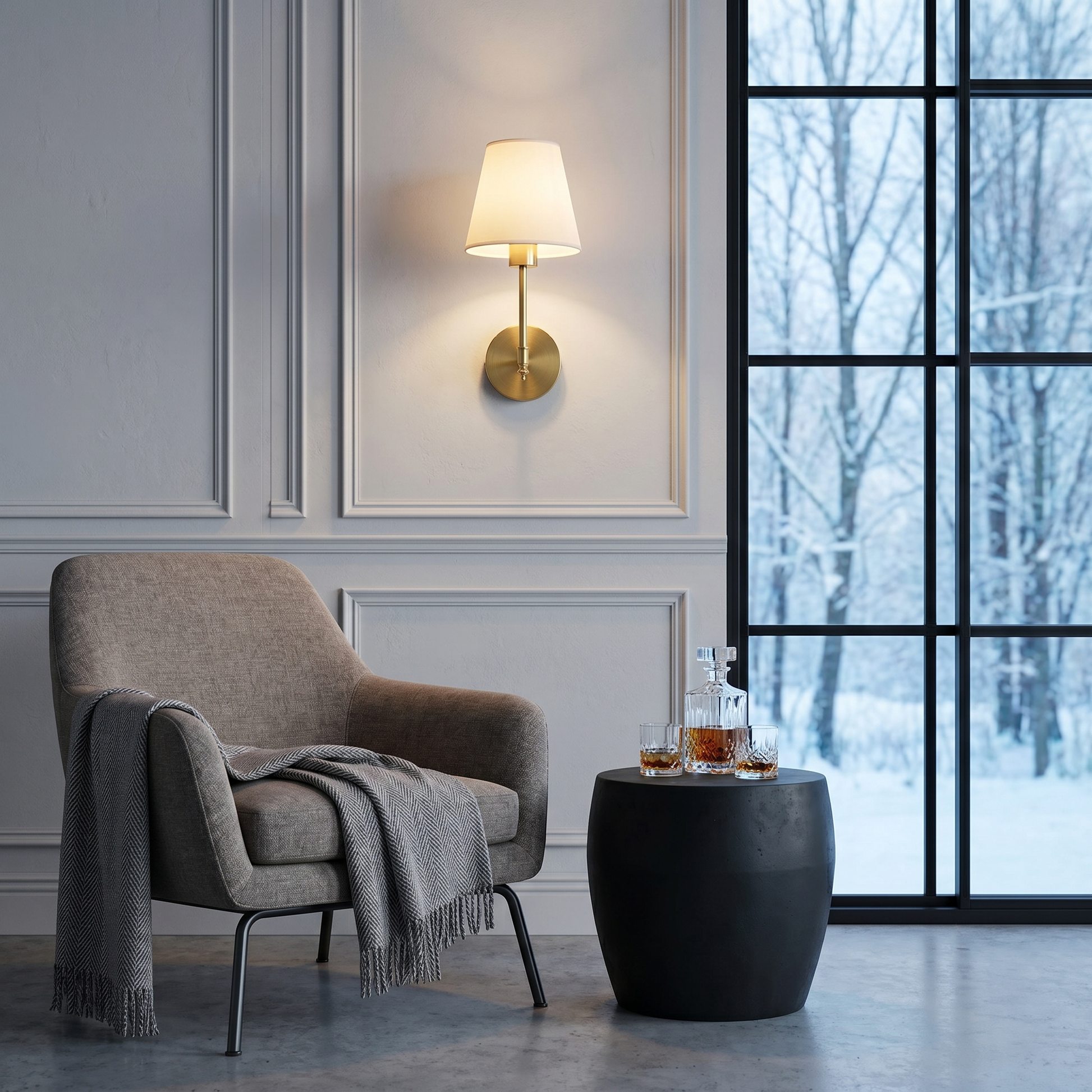 Gold fabric wireless RGB remote control 1-light wall sconce close-up lit on sitting room wall with fabric shade