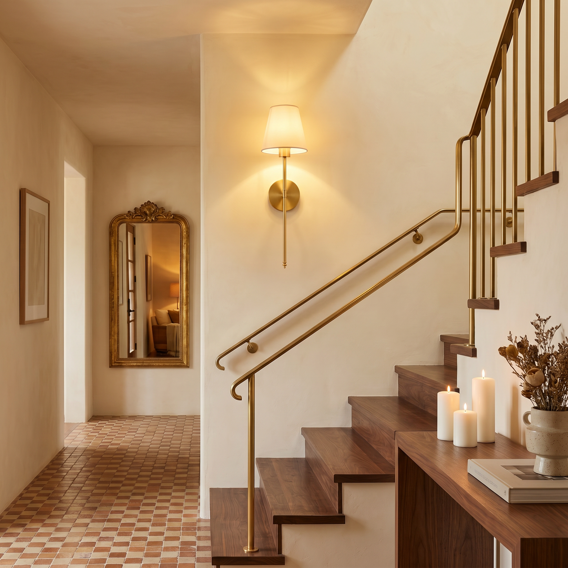 Gold fabric wireless RGB remote control 1-light wall sconce eye-level wide shot lit on hallway wall with fabric shade