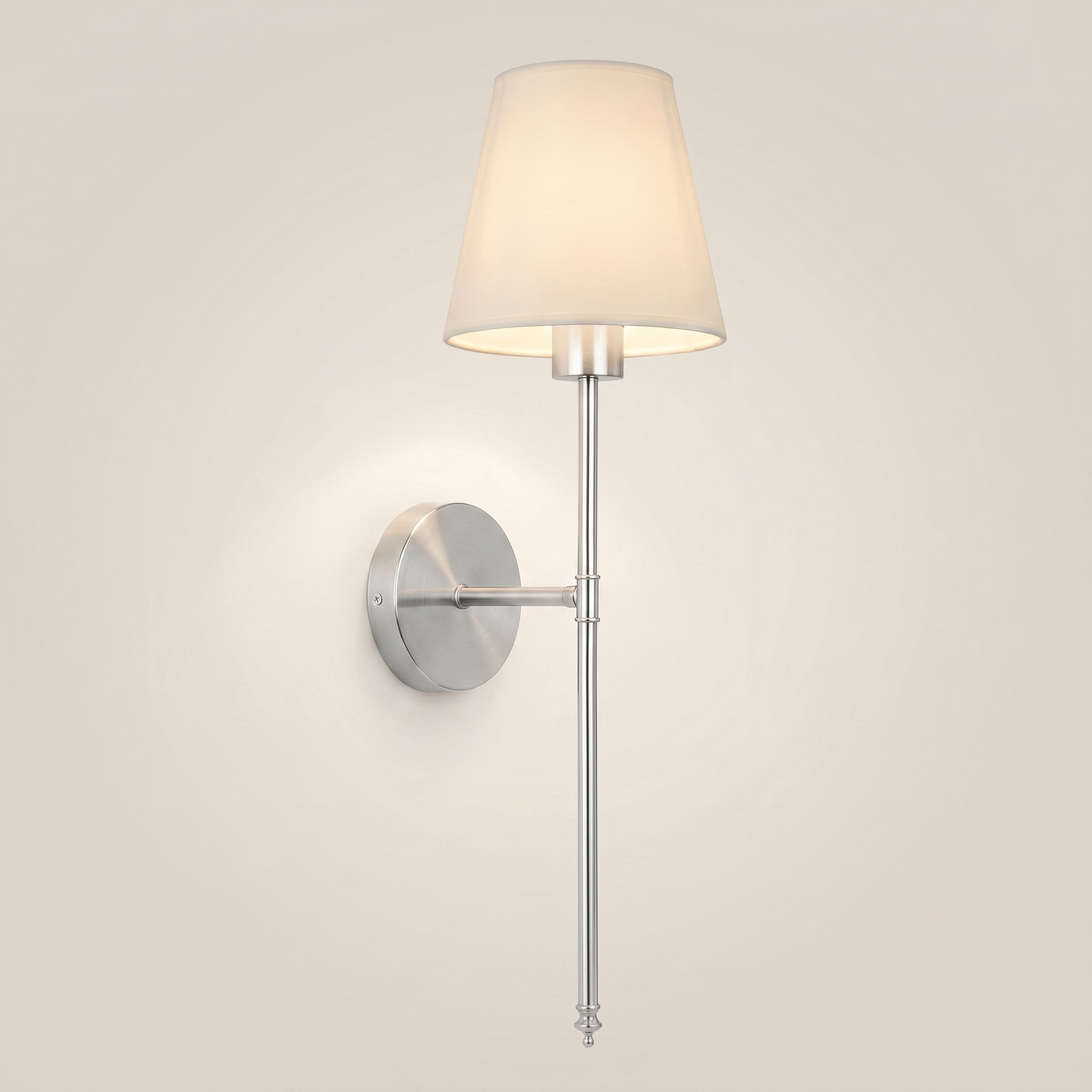 Gold fabric wireless RGB remote control 1-light wall sconce front view with fabric shade lit in living room