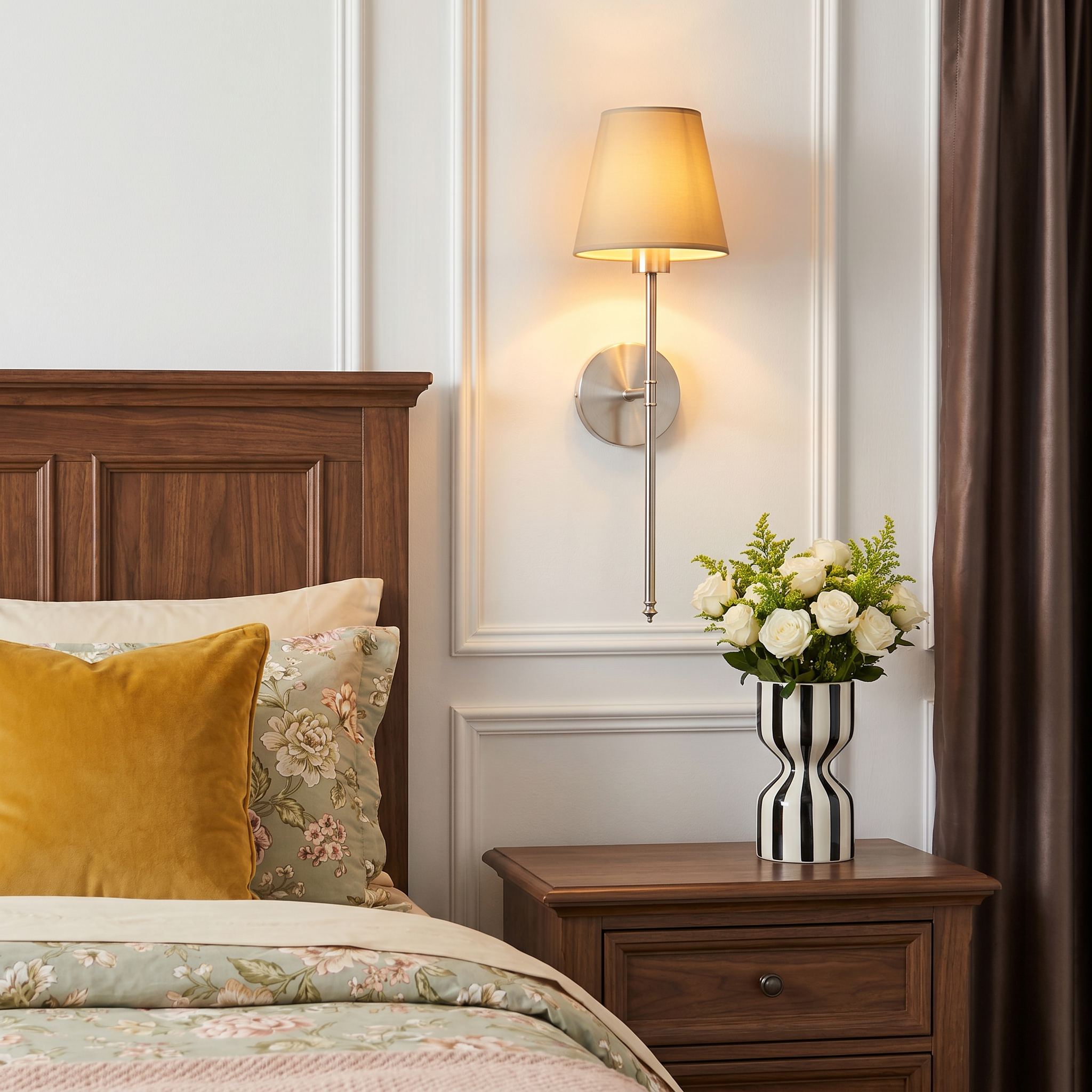 Gold fabric wireless RGB remote control 1-light wall sconce at three-quarter angle lit on bedroom wall with fabric shade