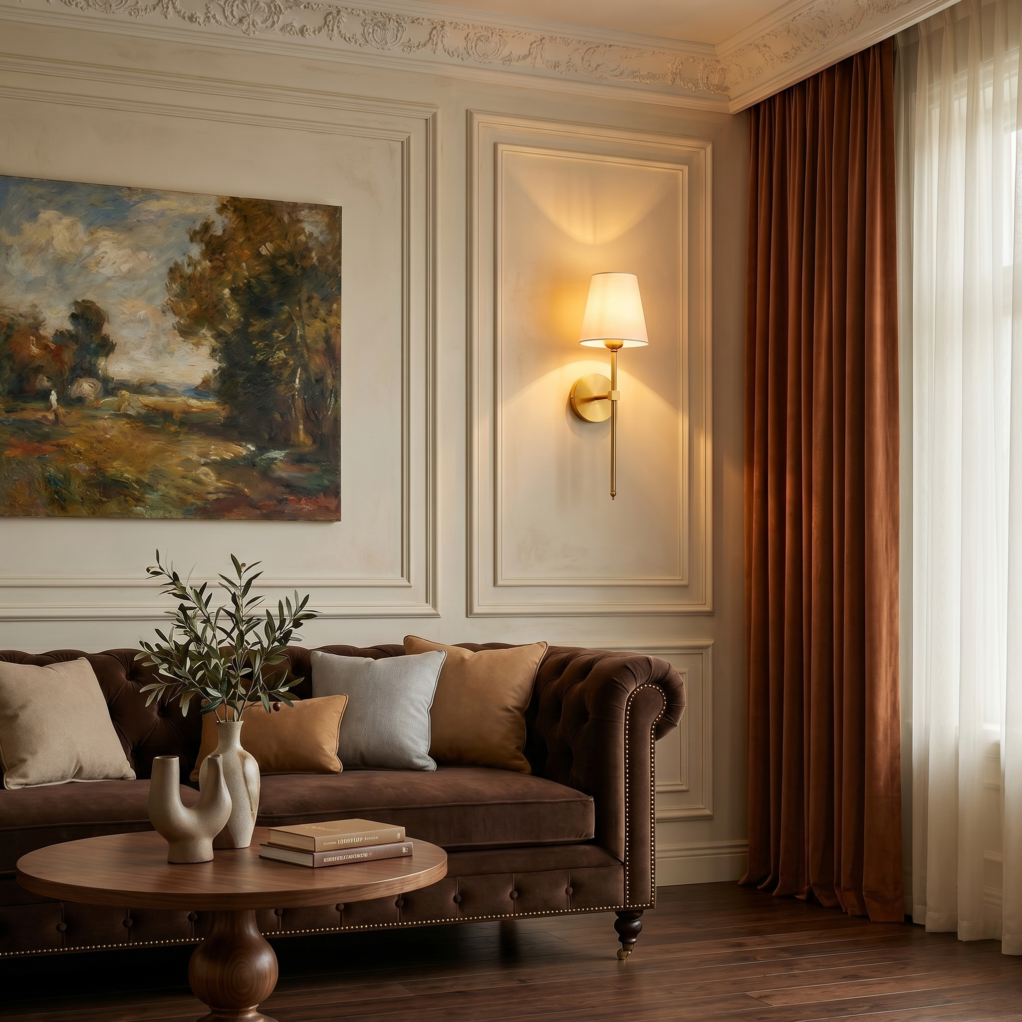 Gold fabric wireless RGB remote control 1-light wall sconce at three-quarter angle lit on living room wall with fabric shade