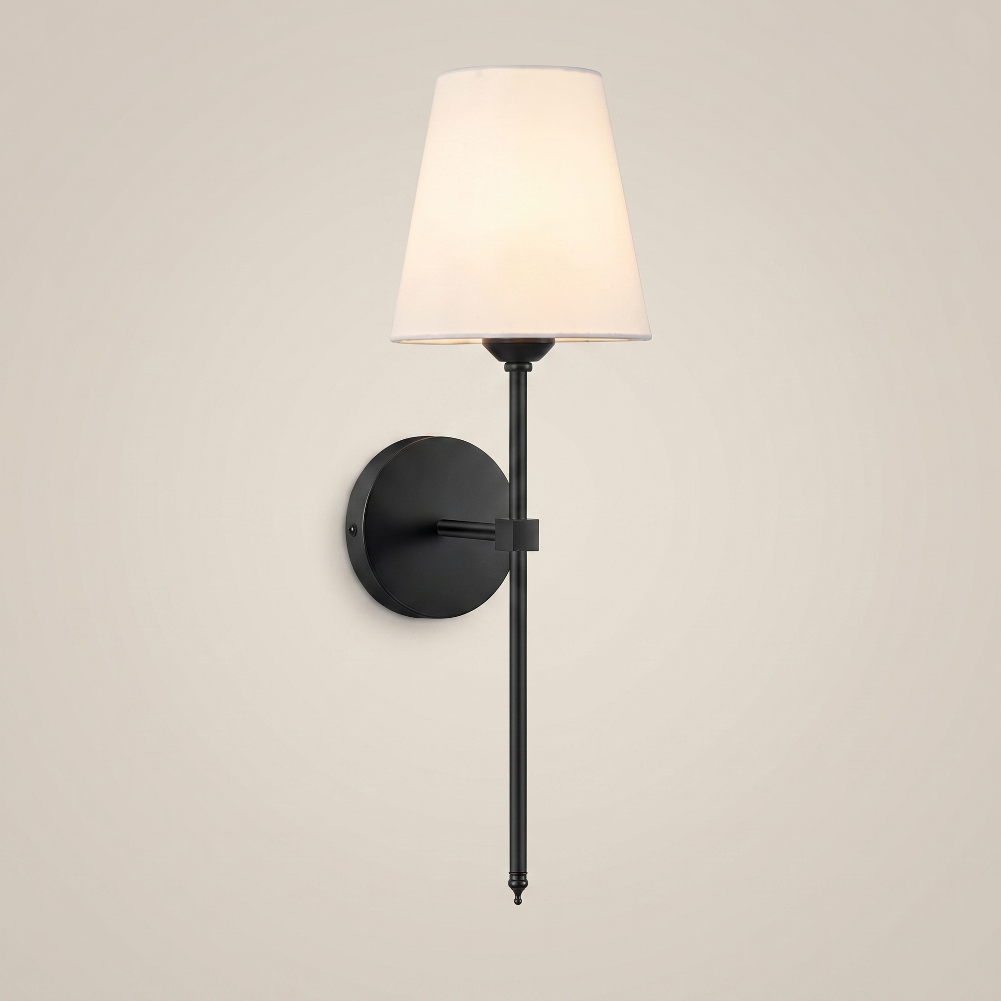 Silver fabric wireless RGB remote control 1-light wall sconce close-up lit on living room wall with fabric shade